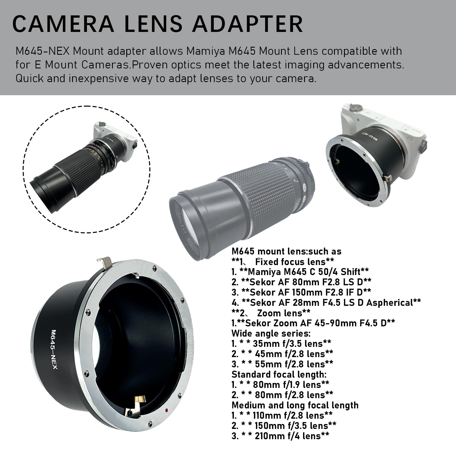 M645-NEX Bague d'adaptation pour Objectif Mamiya 645 M645