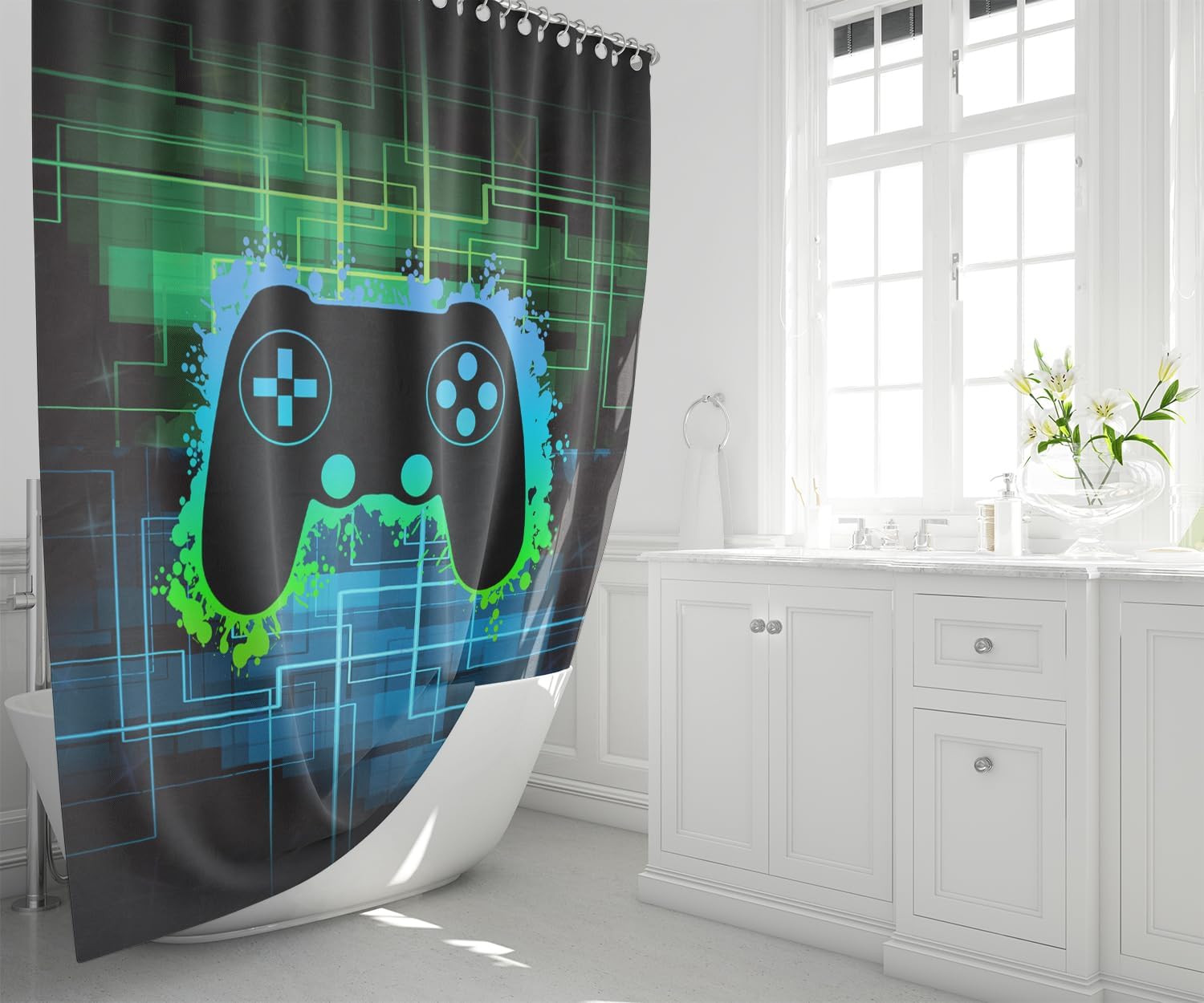 BATATADOCE 4 Pcs Gamepad Controller Shower Curtain - Game Shower Curtain Set Video Gamepad Bathroom Set with Rug,Toilet Cover,U Shaped Mat and 12 Hooks,70 X 70