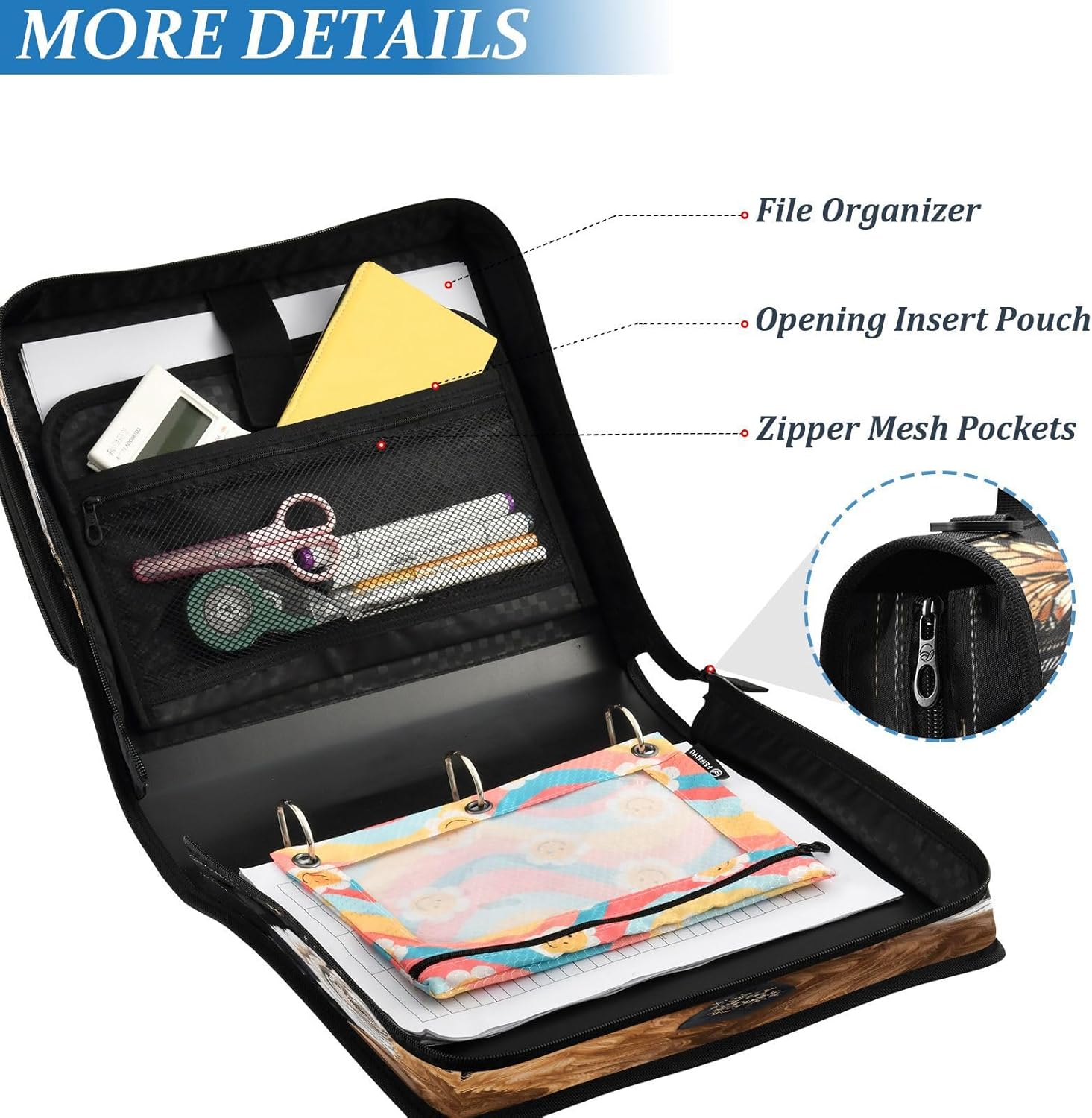 3 Ring Zipper Binder Highland Cow Black White Floral Binders Bag with Shoulder Strap 500 Sheets Paper Organizer Trapper Keeper Documents Storage File Folder for School Office
