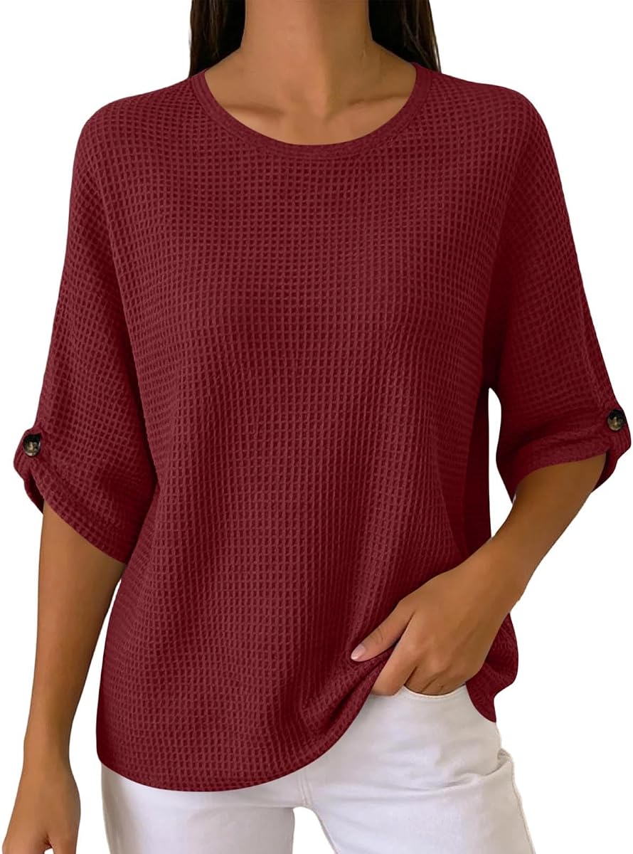 Camisetas para mujer con textura de gofre, manga corta, cuello redondo, ajuste relajado, casual, para uso diario, trajes de trabajo de negocios