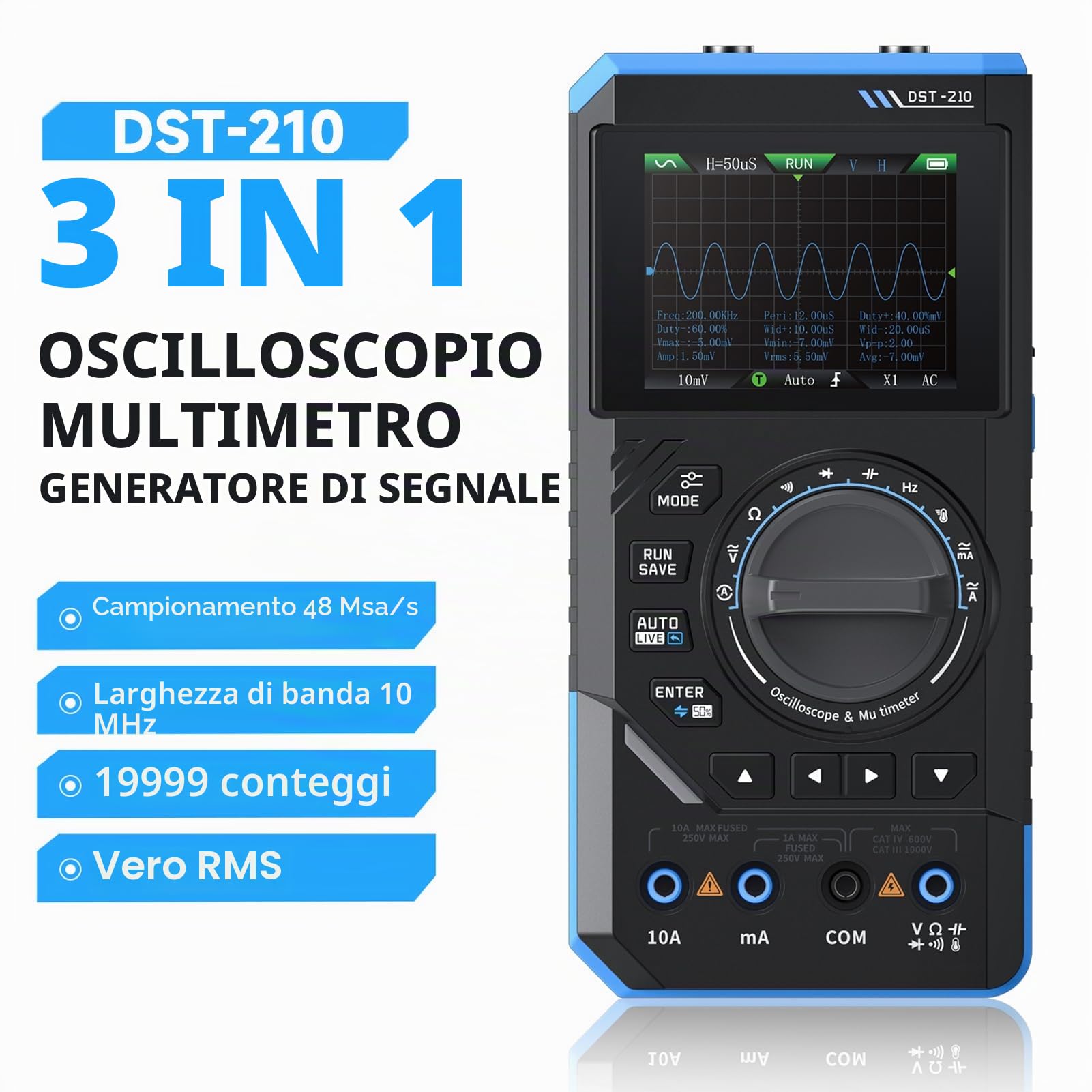 DST-210 Oscilloscopio Portatile Multimetro Digitale Generatore di Segnali 3 in 1 Multimetro Tester Elettricista 19999 Conteggi Testa Tensione CA/CC, Corrente, Capacità, Resistenza e Diodi