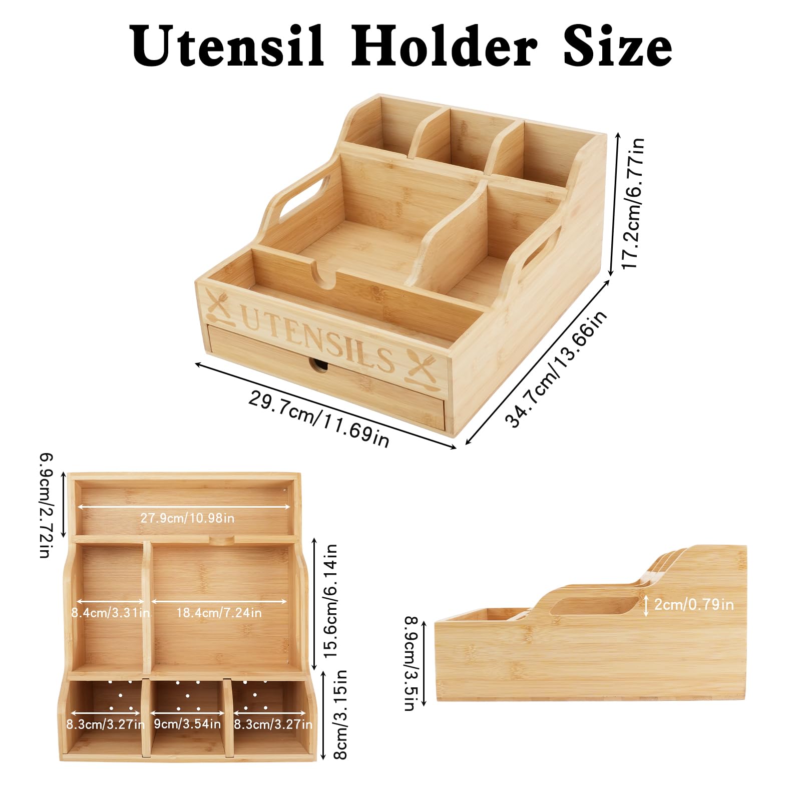Soporte para utensilios de cocina con cajón, organizador de utensilios de bambú para encimera de cocina, organizador de cubiertos para servilletas, tenedores, cuchillos, platos, fiesta, barbacoa
