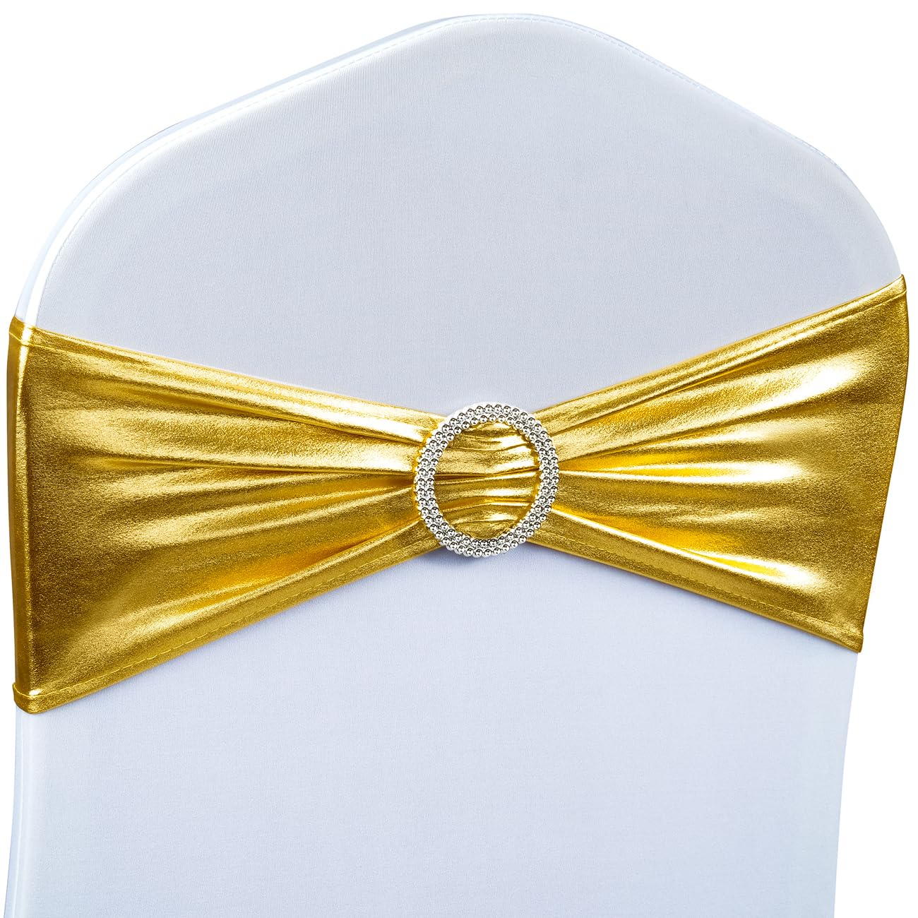 Babenest Spandex Chair Sashes Bows 50PCS Premium Stretch Chair Cover Band with Buckle Slider Universal Elastic Chair Ties for Wedding Party Ceremony Reception Banquet Decoration (Metallic Gold)