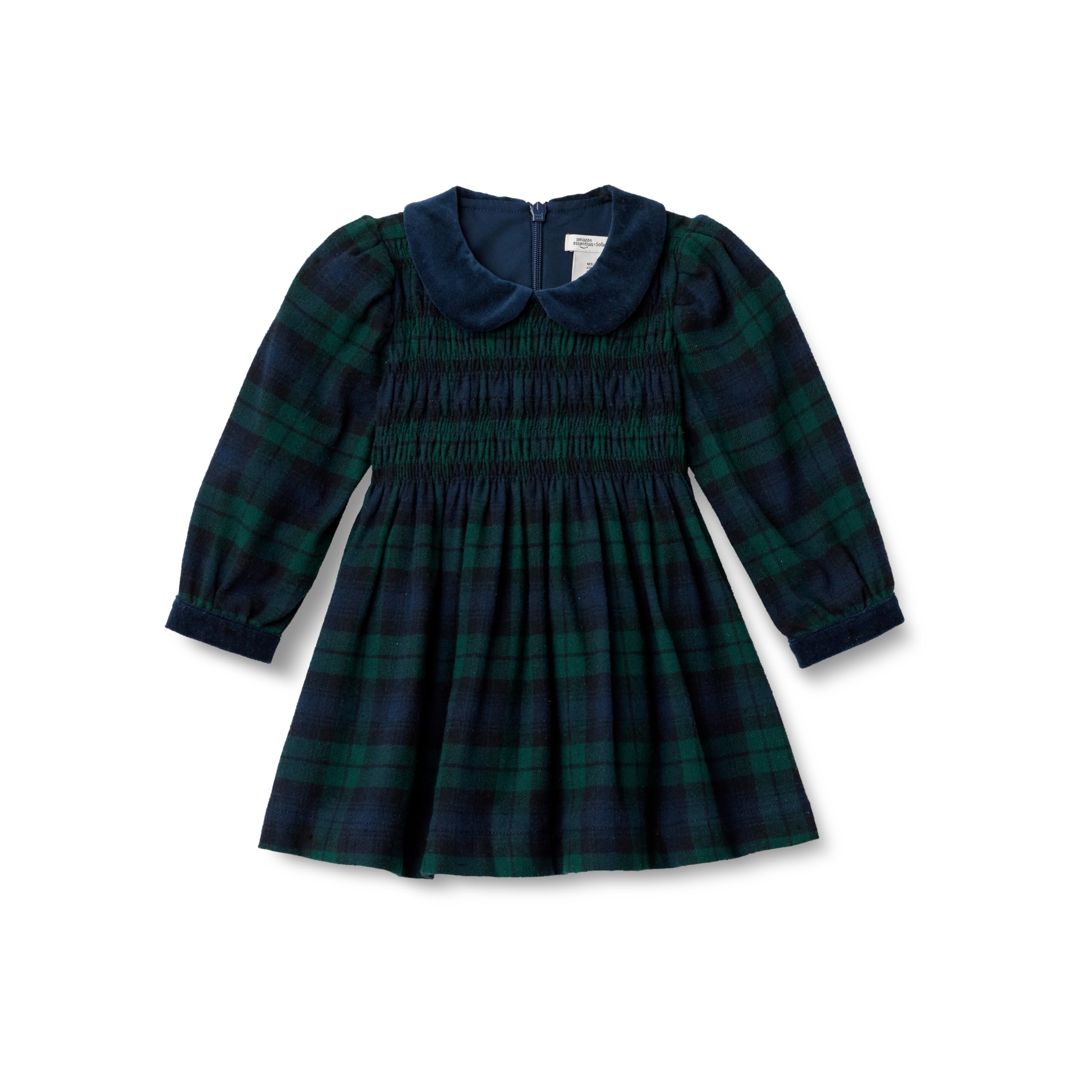 Amazon Essentials X Sofia Grainge Unisex Babies' Long Sleeve Flannel Dress, Dark Emerald Green Deep Blue Plaid, 12 Months