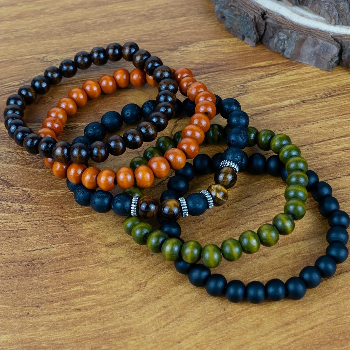 Set di 5 bracciali impilabili con Perline di Legno Occhio di Tigre - Bracciali con Perline per Uomo e Donna, bracciali Elasticizzati con Perline Rotonde da 8 mm, Braccialetti da Yoga Unisex