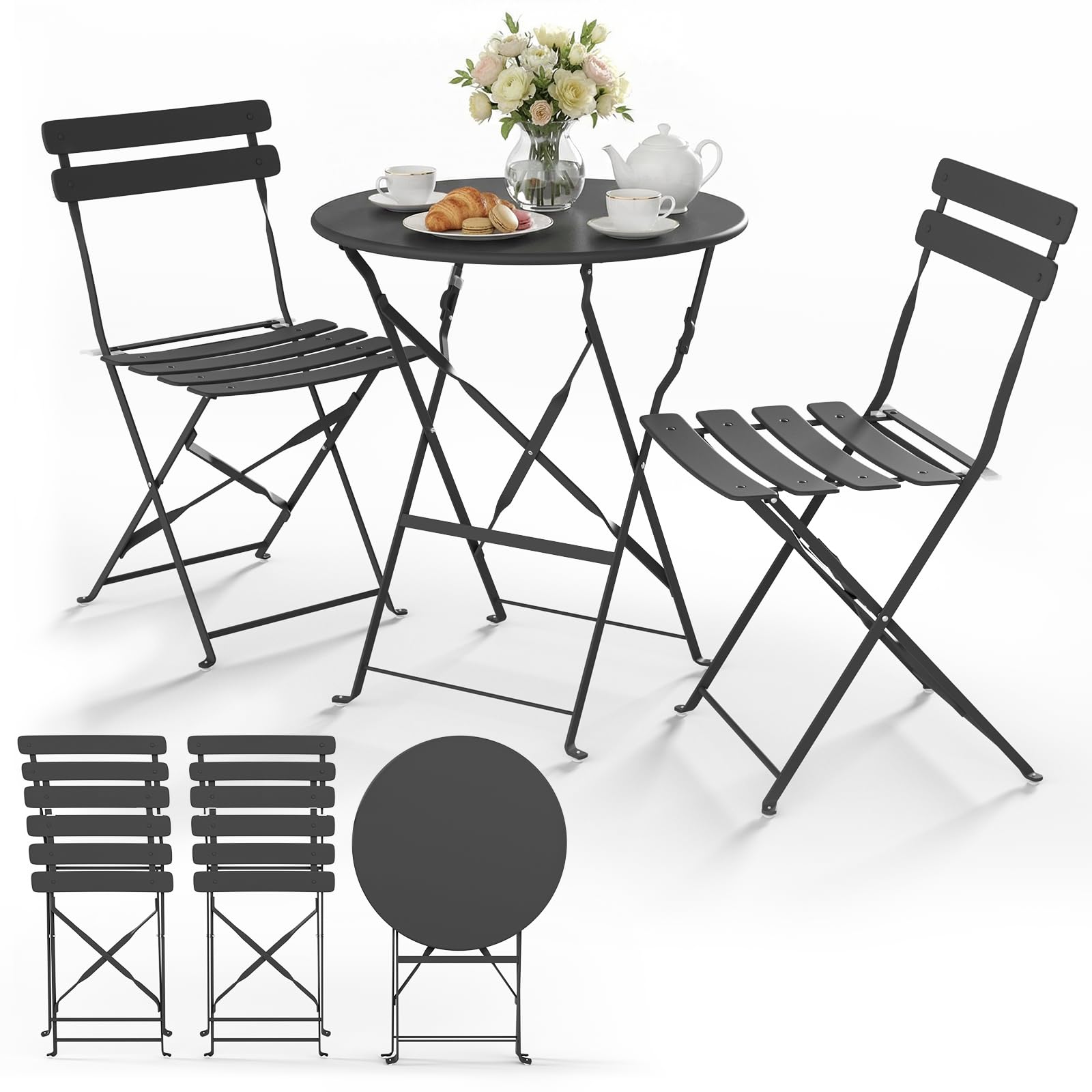 VOUNOT® Set Bistrot Pieghevole 3 Pezzi in Metallo, Set Tavolo e 2 Sedie da Giardino, Salvaspazio Resistente alle Intemperie e ai Raggi UV per Balcone, Patio, Terrazza e Esterno, Grigio