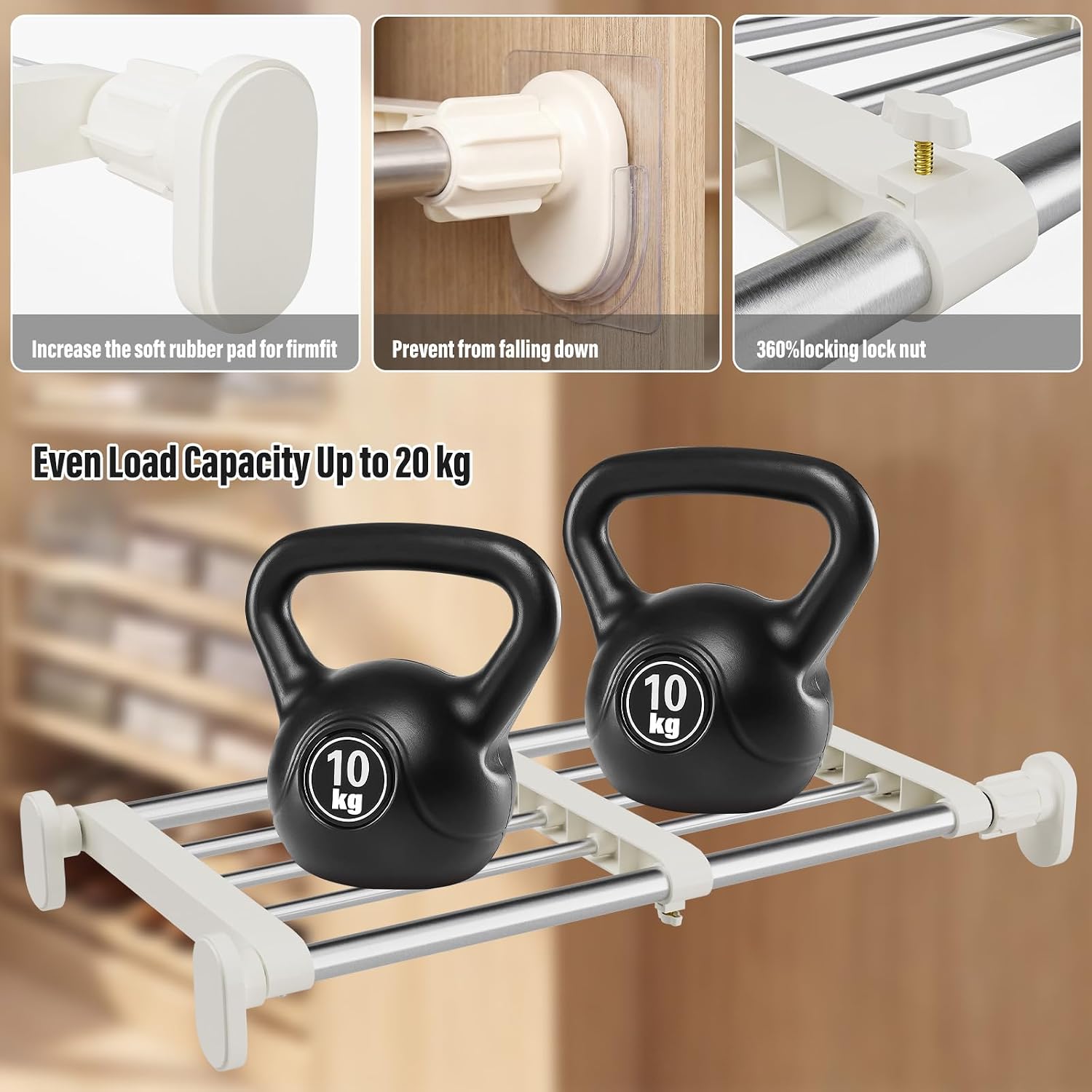 Expandable Closet Tension Shelf, No-Drill Storage Rack Metal Organizer, Adjustable Heavy Duty Shelf System, Space-Saving Divider Separator for Cupboard Wardrobe, Ivory, 23.62-39.37 in
