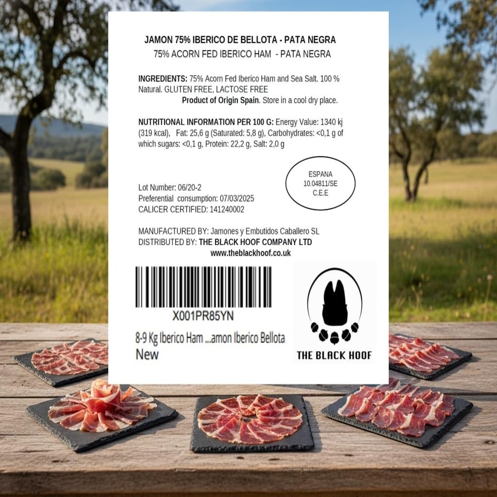 Prosciutto Iberico Bellota intero con osso Spagnolo (Jamon Iberico Bellota) 8–9 kg | Stagionato naturalmente 48+ mesi | Senza additivi | Certificato CERTICALIDAD | Prodotto in Spagna da The Black Hoof