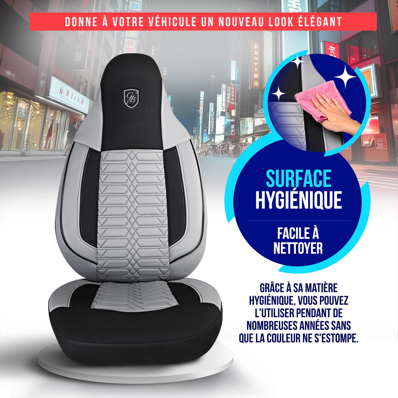 Housses de siège universelles pour camping-cars et caravanes - Housses de siège avant en tissu Lacoste, gris-noir, airbag-compatible, protection pour sièges, ensembles pour sièges avant