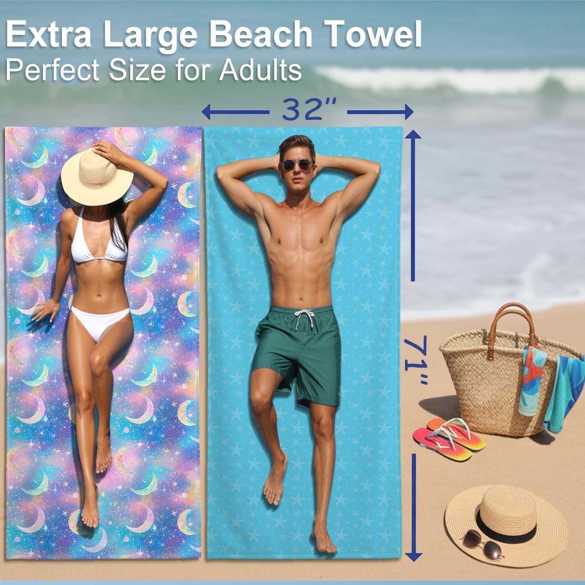 2 Pcs Microfiber Beach Towel Sand Free Quick Dry Oversized Absorbent Dreamy Celestial Galaxy Moon Stars Pattern Blue Pink Purple Swim Towels for Adults 71 x 32 Inches