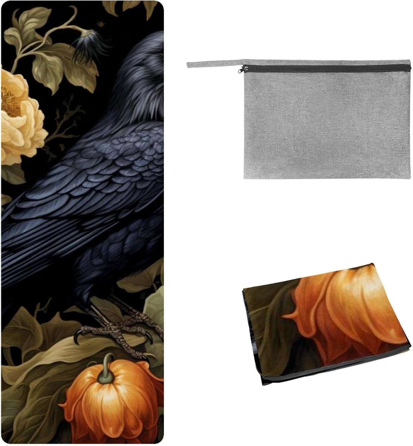 Yoga Towel, Black Crow Pattern Non Slip Sweat Absorbent Hot Yoga Mat Towel for Hot Yoga, Pilates and Fitness - 72.8" x 26.8"