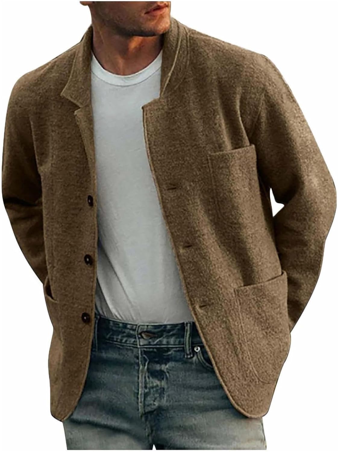 Men's Wool Short Jacket Button Down Woolen Coat Fall Winter Warm Trench Coat Overcoat Long Sleeve Cardigan with Pockets