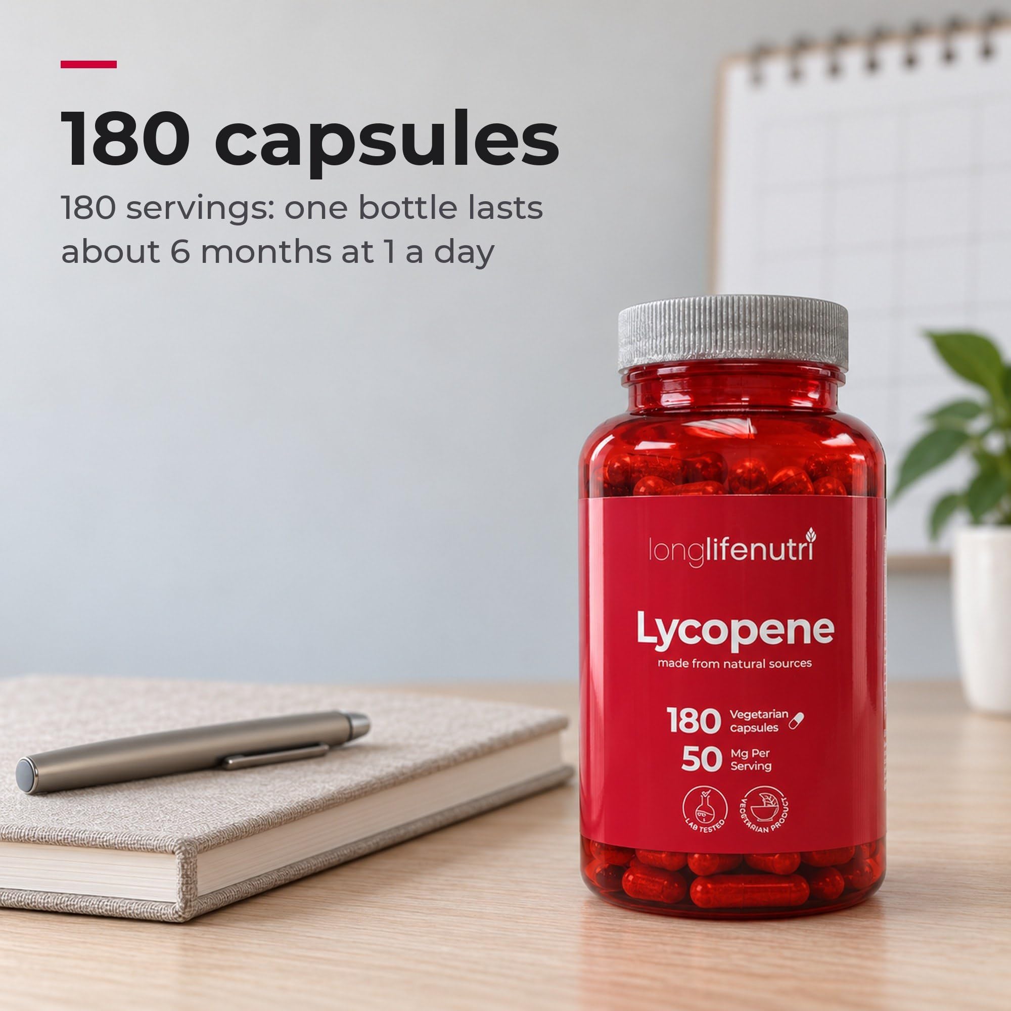 LongLifeNutri Lycopene 50mg, Natural Tomato Extract, 180 Veg Capsules — Amazon image 5