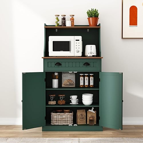 Miniatura 13 de Armario de almacenamiento independiente de 54 pulgadas con puertas y estantes ajustables, soporte para horno de microondas con cajón para cocina,