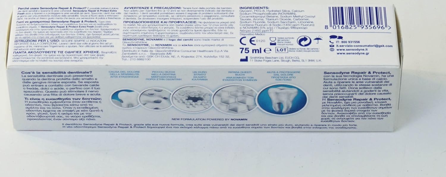 Sensodyne: "Repair & Protect Extra Fresh" Toothpaste, Powered by NovaMin * 2.53 Fluid Ounce (75ml) Tube (Pack of 4) * [ Italian Import ]
