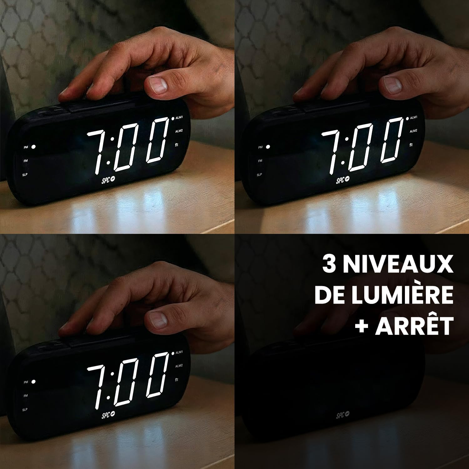 Four panels showing the alarm clock display at different brightness levels, from bright to off.