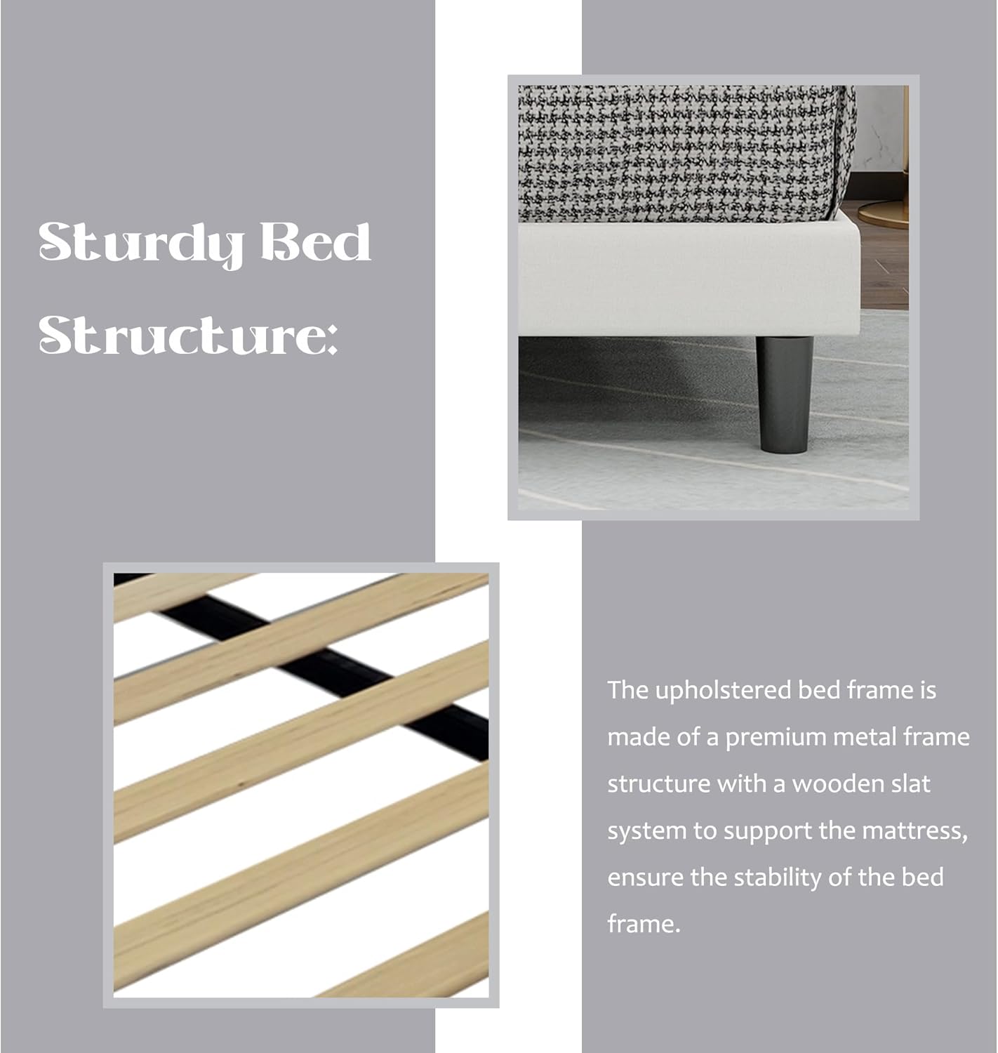 Queen Size Bed Frame Linen Upholstered Platform with Adjustable Headboard Wood Slats Support No Box Spring Needed Easy Assembly White