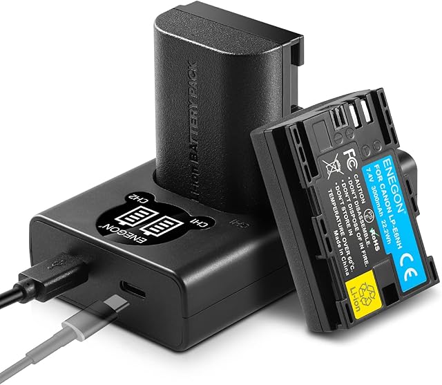 ENEGON LP-E6NH Replacement Battery 3000mAh (2-Pack) and Smart LCD Dual USB Charger for Canon EOS 5D Mark II/III/IV, EOS R, R5, R6, 5DS, 5DS R, 6D, 7D, 7D Mark II, 90D, 60D, 70D, 80D Cameras