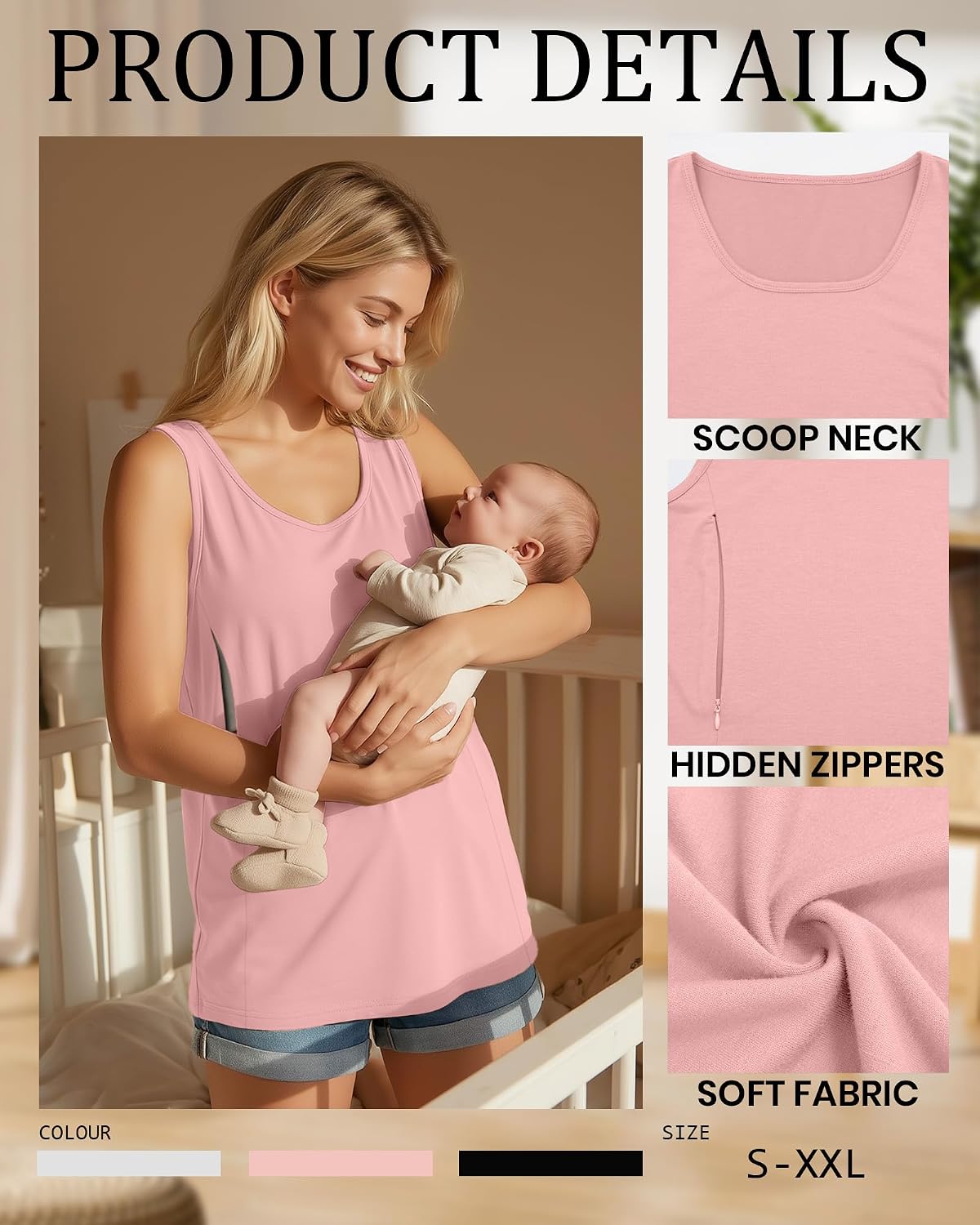 Ficerd 3 Pack Women's Maternity Nursing Tank Tops Breastfeeding Zipper Sleeveless Shirts Comfy Summer Pregnancy Clothes(Large,Black, White, Pink)