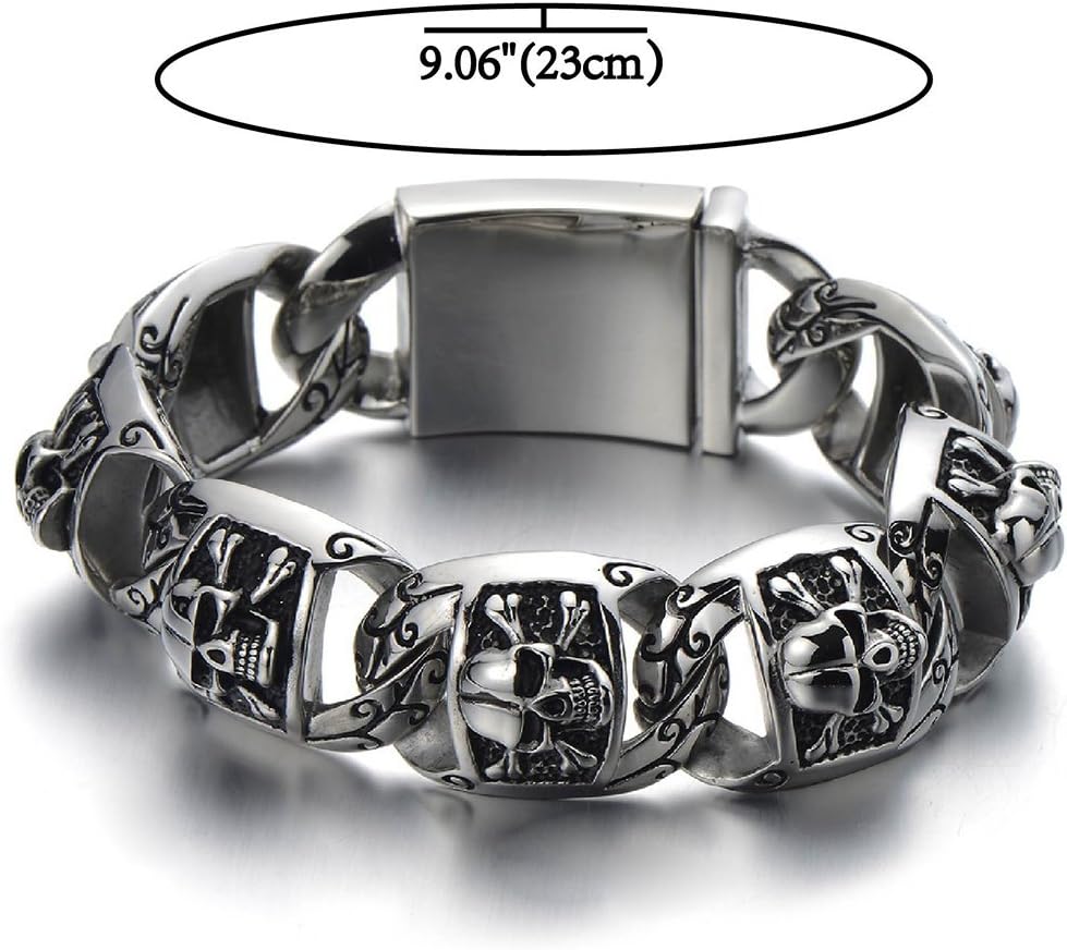 COOLSTEELANDBEYOND Heavy and Study Mens Stainless Steel Biker Skull Bracelet Silver Black Two-tone Polished - Image 5