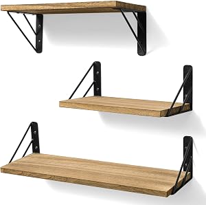 BAYKA Wall Shelves for Bedroom Decor, Floating Wall Shelves for Living Room Kitchen Storage, Wall Mounted Rustic Wood Floating Shelves for Kids Books, Corner Shelves for Bathroom(Brown?Set of 3)