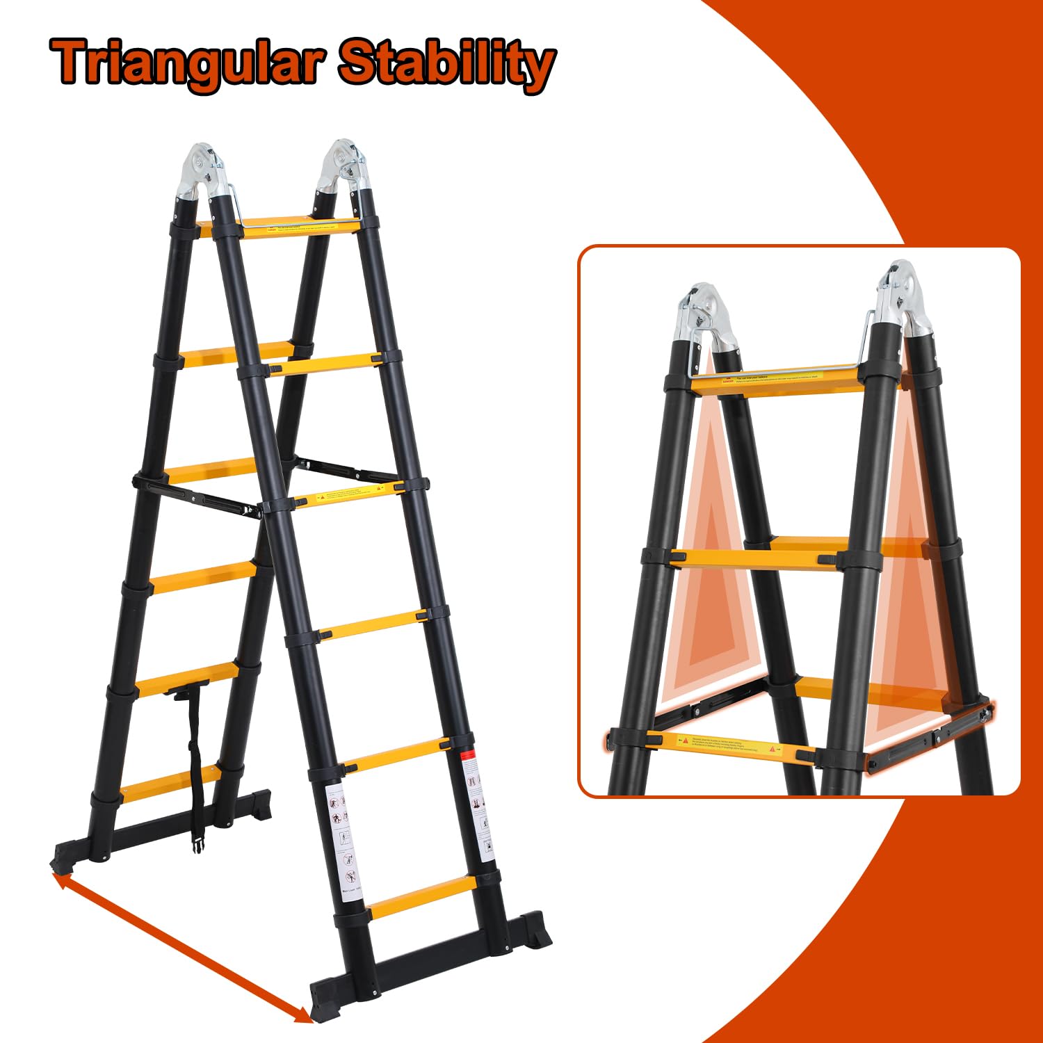Herrselsam 3.8m(1.9m+1.9m) Teleskopleiter Klappleiter Aluminium, Mehrzweckleiter mit Tragegriff, Rutschfester Tragbar Alu Leiter Maximale Tragfähigkeit 150kg, Schwarz Gelb