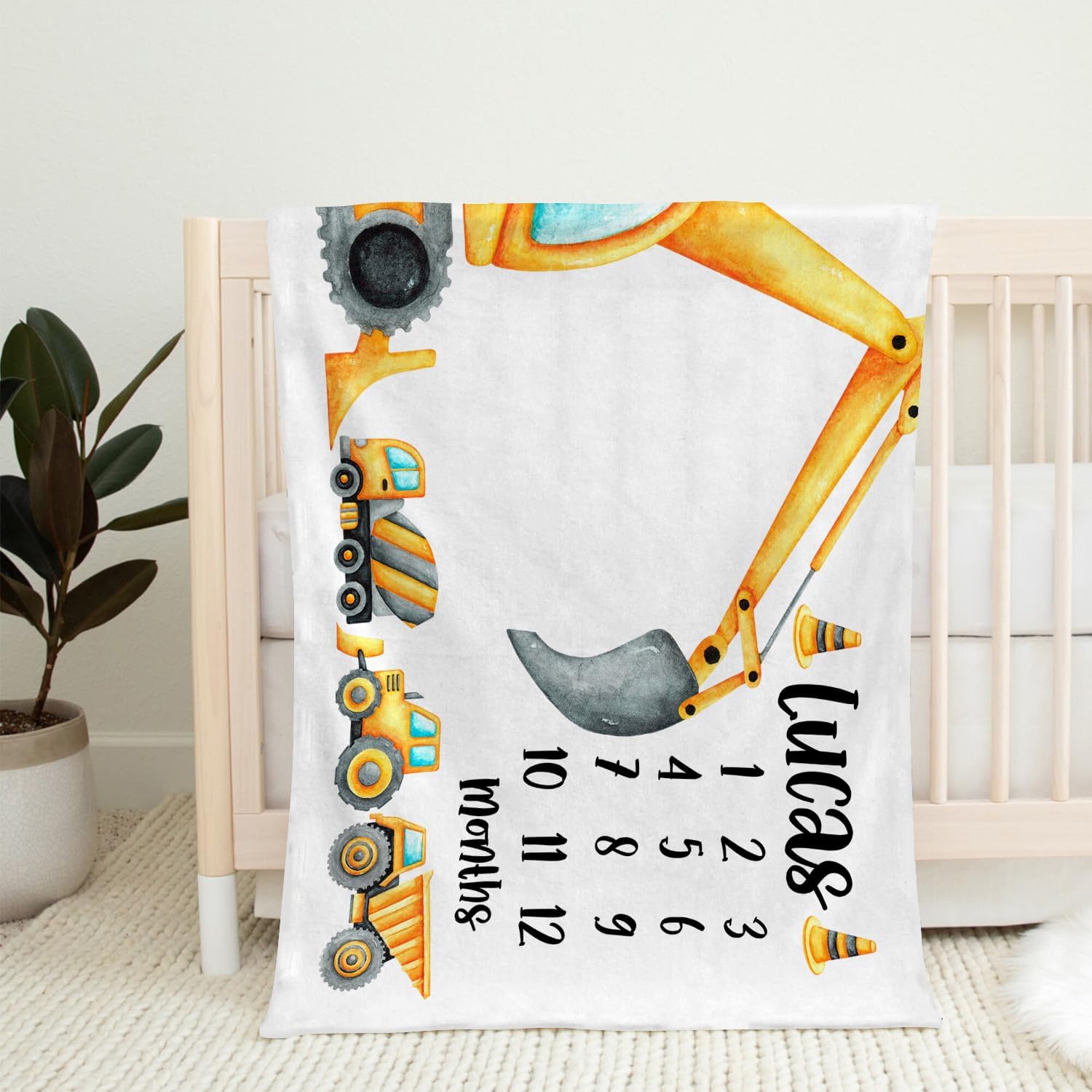Custom Name Construction Milestone Blanket Boy, Dump Truck Baby Boy Milestone Throw, Crane Baby Age Blanket, Excavator Growth Tracker Throw
