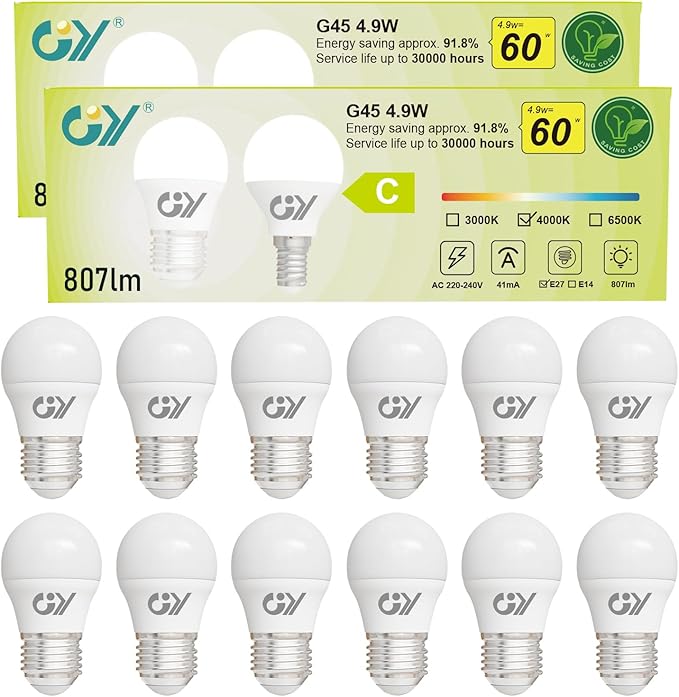 GY 4.9W Bombilla LED E27 Luz Neutra 4000K 807LM (Equivalente a 60W), Bombillas Bajo Consumo G45 Rosca Edison, No Parpadean, No Regulable, 12 Pieza