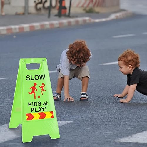 Miniatura 6 de Letreros de "Slow Kids at Play" para calle, texto de doble cara y gráficos con cinta reflectante, letrero de seguridad para niños en juego para