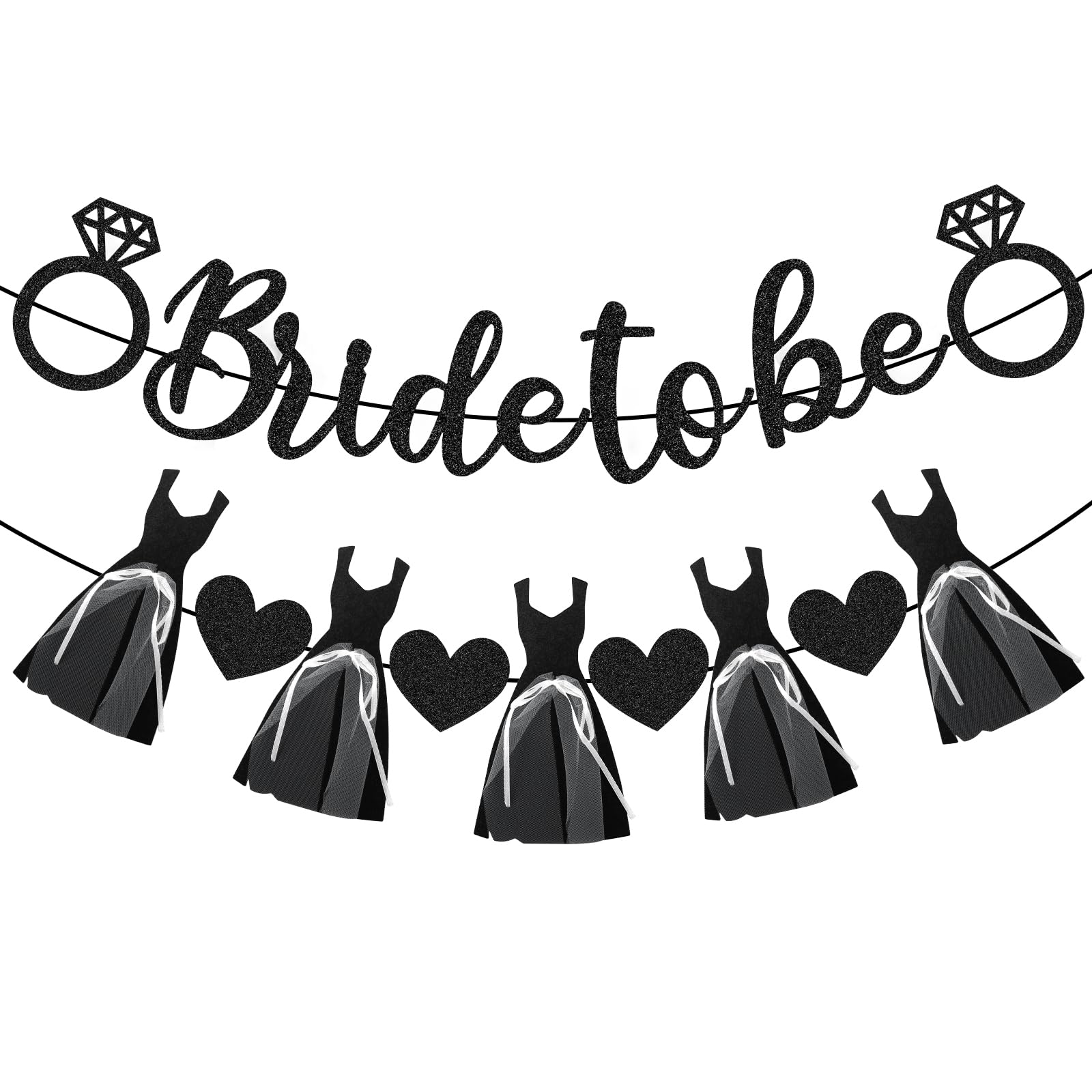 Padorul Black Glitter Bride to Be Banner Set with Wedding Dress & Heart Cutouts Bachelorette Party Decorations for Bridal Shower