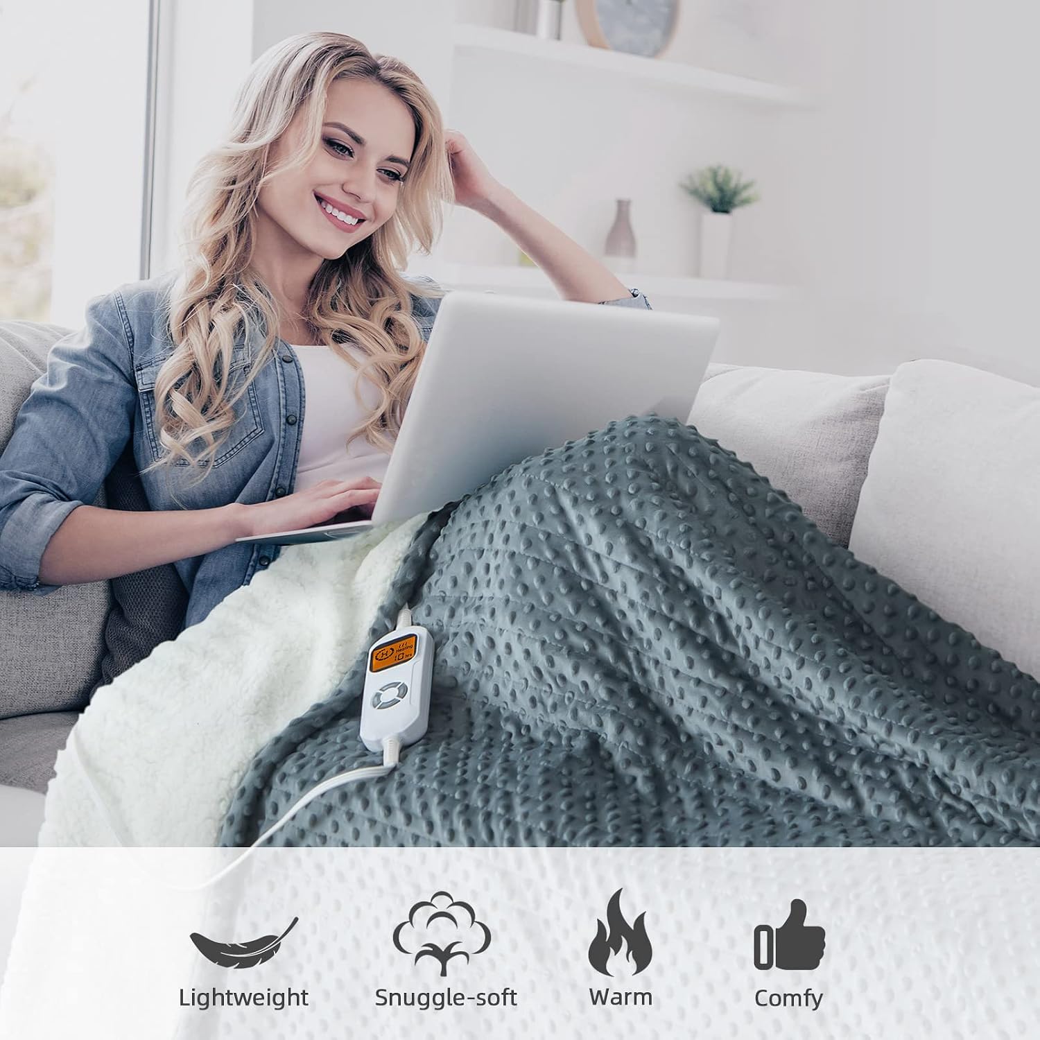 Wemore Heated Electric Blanket Throw, Soft Sherpa Heating Blanket with 10 Heating Levels & 1-10 Hour Auto Off, ETL Certified Heated Throw Blanket Machine Washable, Twin Size 50''X60'', Grey