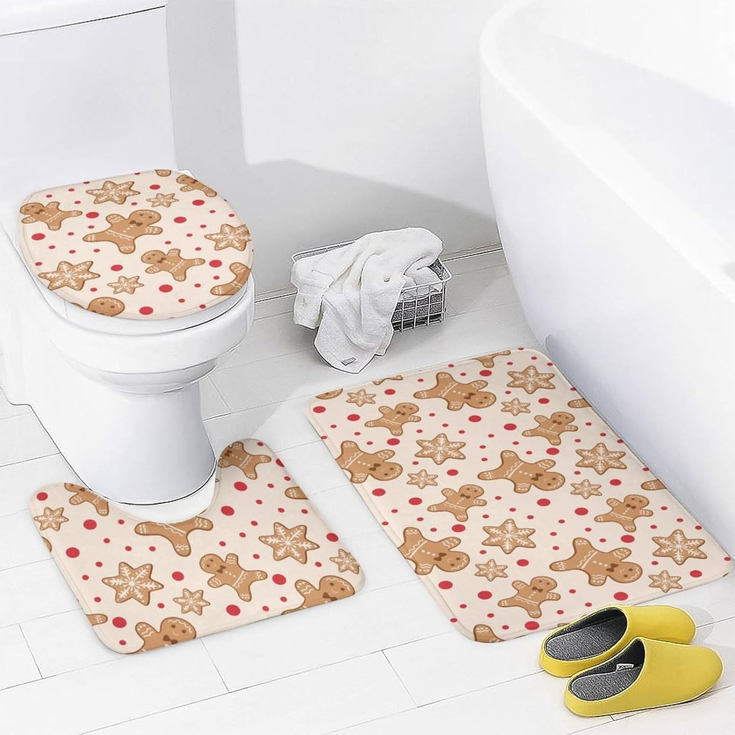 Gingerbread Men Candies 4Pcs Shower Curtain Sets with Non-Slip Rugs,Toilet Lid Cover and Bath Mat,Waterproof Shower Curtains Bathroom Decor