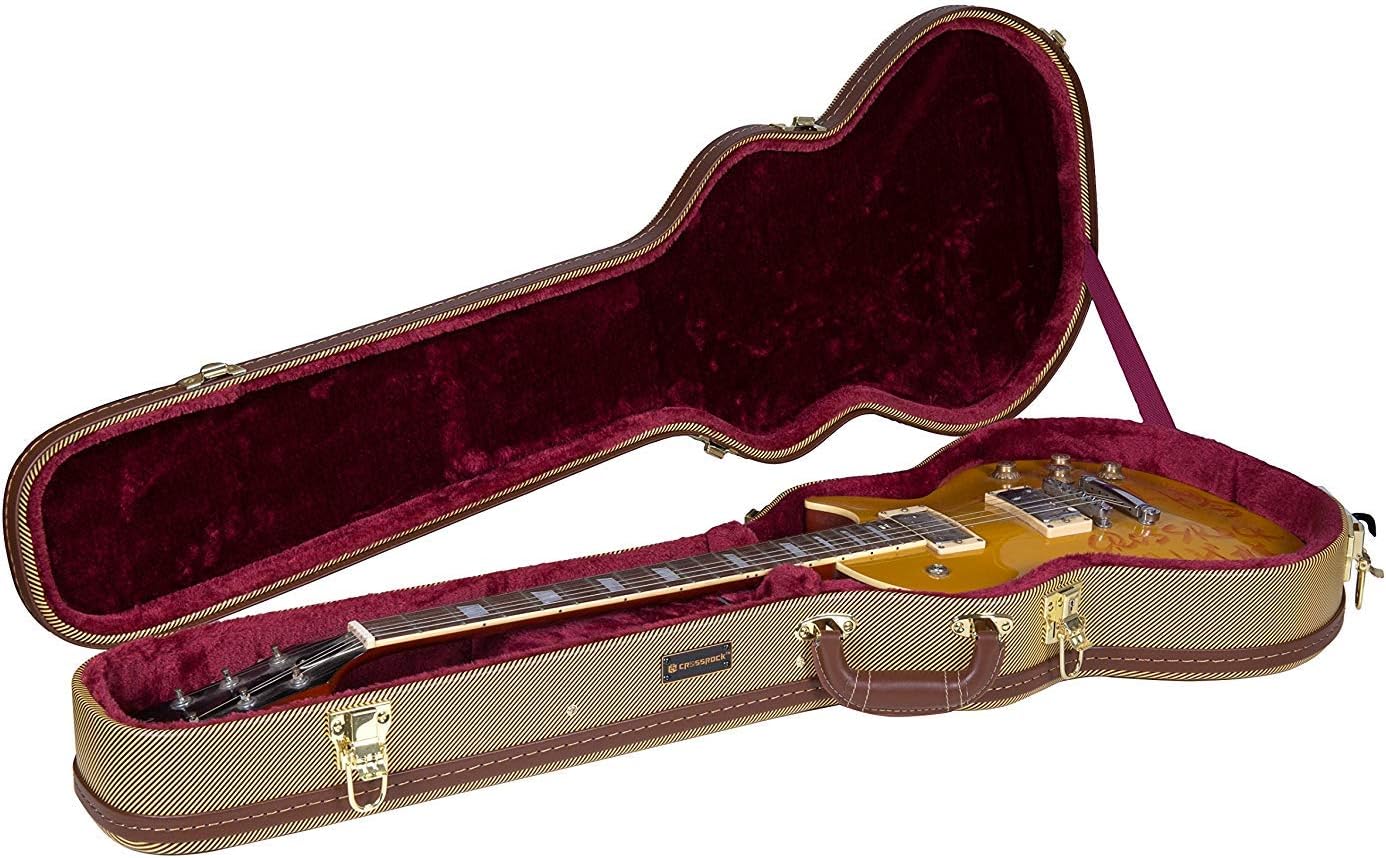 Hardshell Arch Top Wooden Multi-ply Wooden Electric Guitar Case, Les Paul Body Style in Vintage Tweed