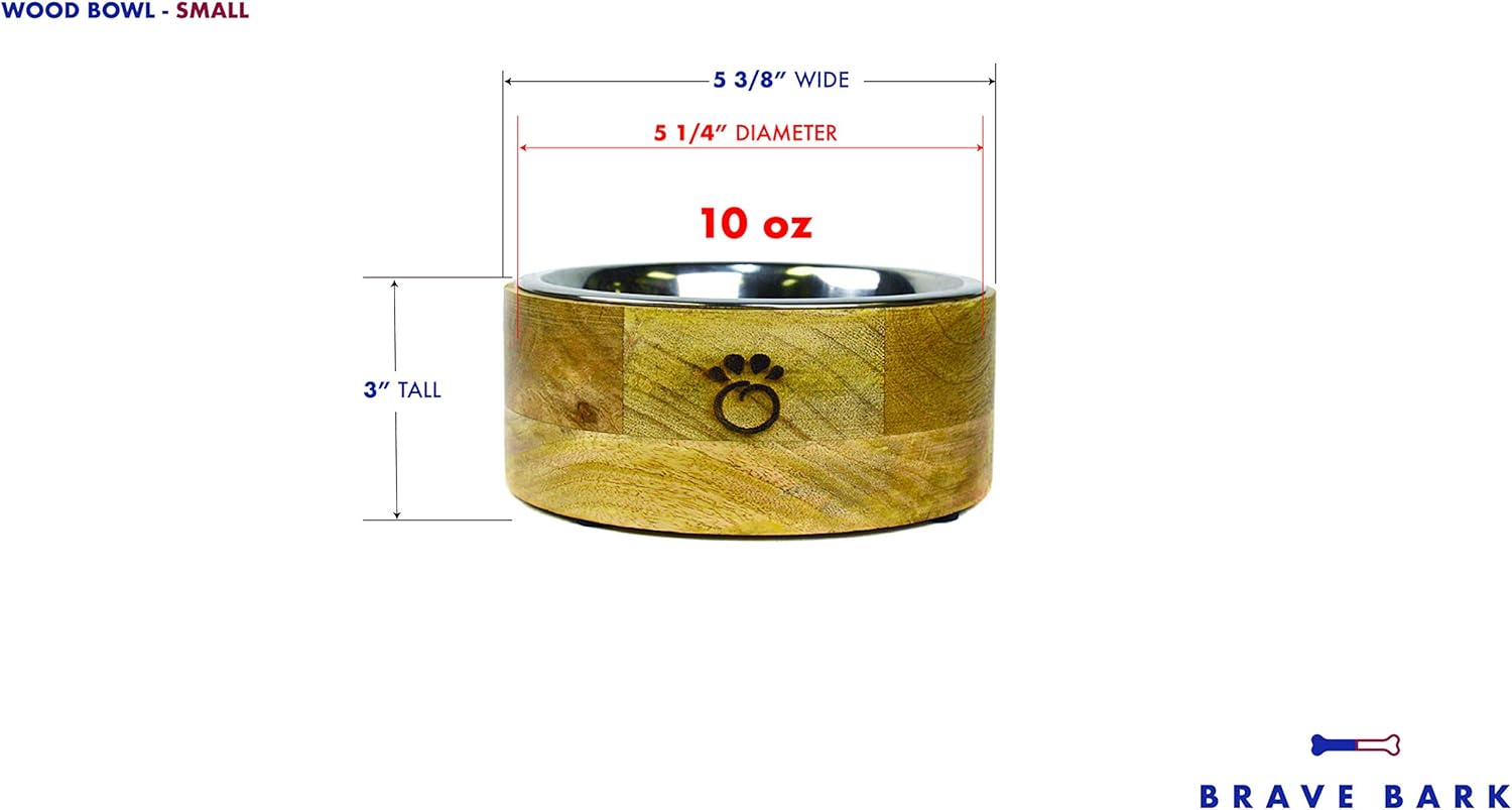 Brave Bark Premium Mango Wood Dog Bowl, Stainless Steel Insert, Dishwasher Safe Pet Food Water Bowl with Removable Insert, Natural Sustainable Design, Small