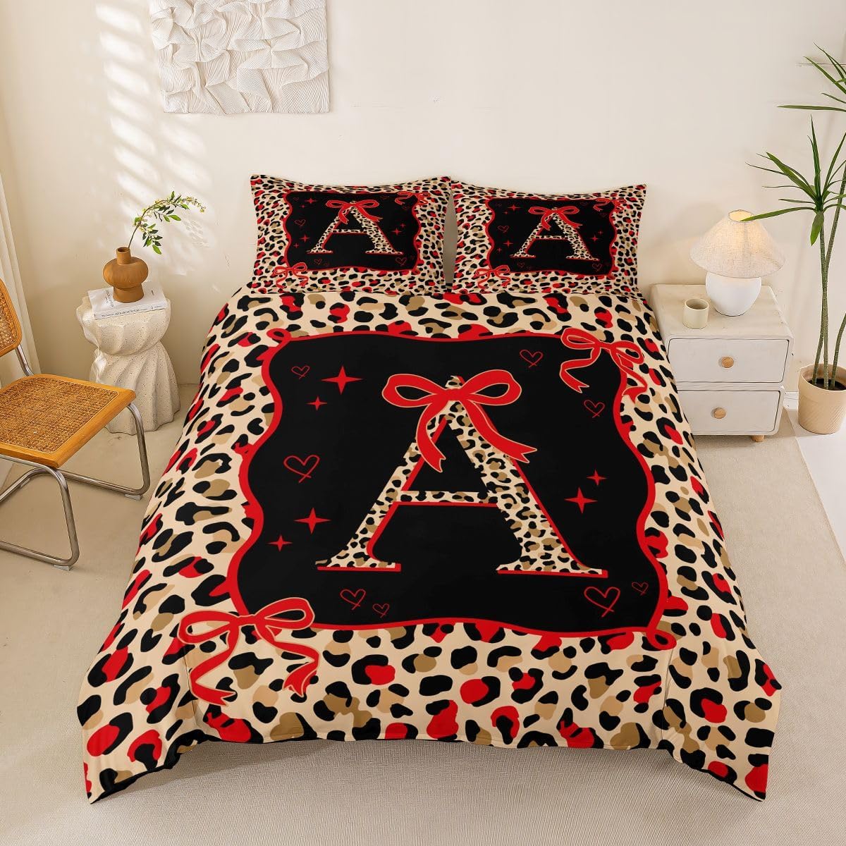 jejeloiu Red Brown Leopard Duvet Cover Toddler Size Red Bowknot Comforter Cover for Boys Girls Initial Letter A Bedding Set 2Pcs Cute Girly Bow Room Decor
