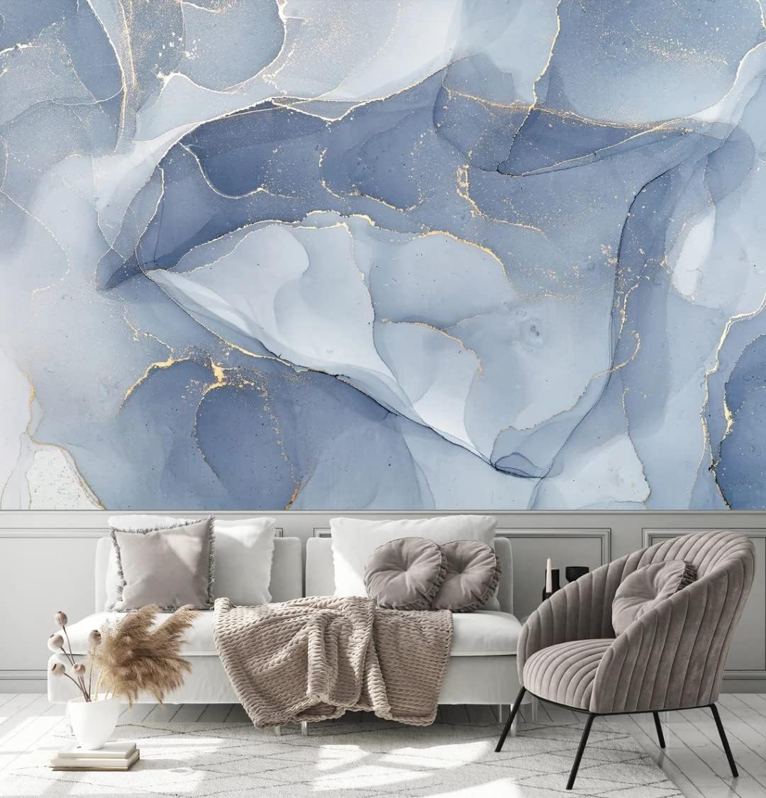 Abstract Blue Mixing Acrylic Paints Marble Texture Peel and Stick Wallpaper 100''H x 150''W