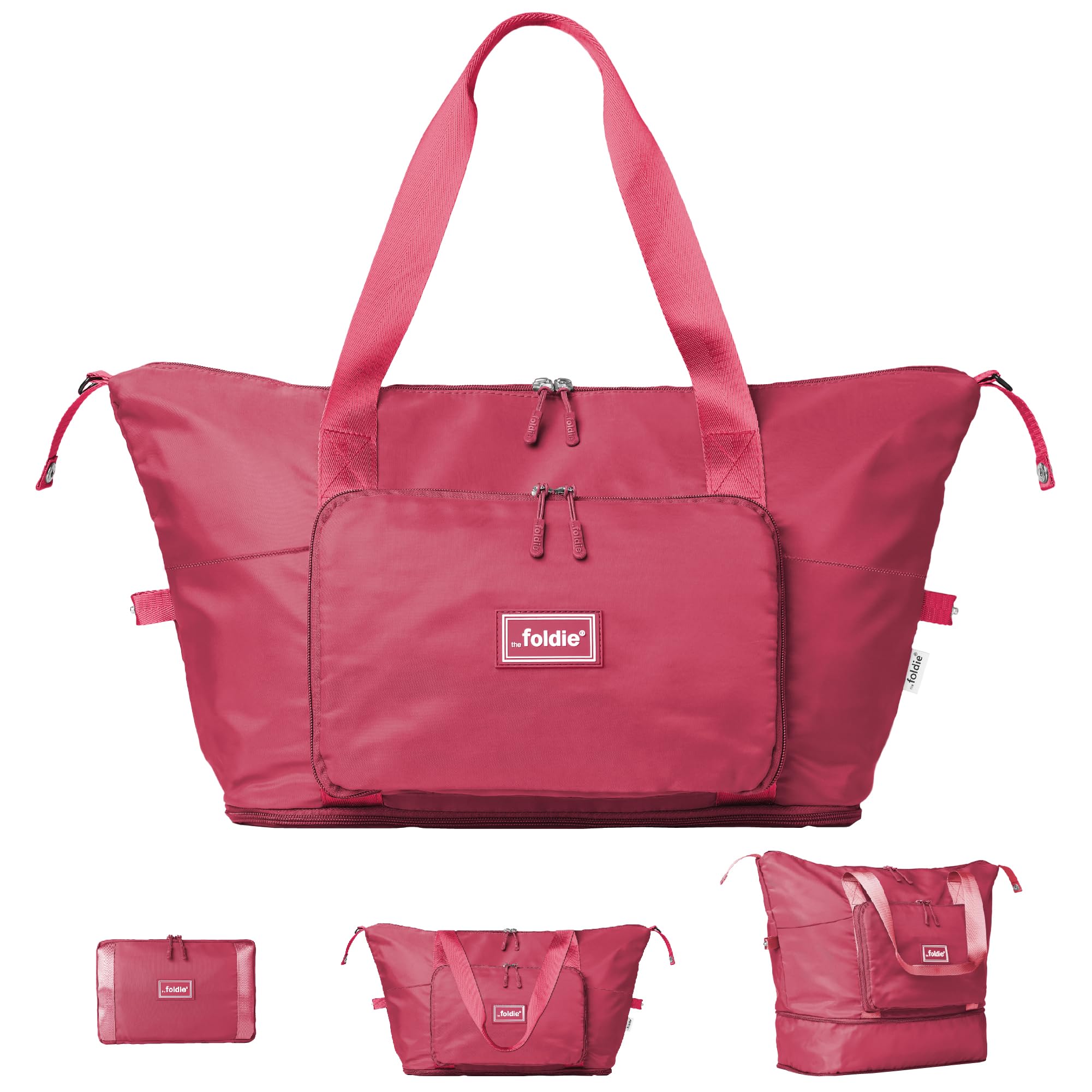 The Foldie® Foldable Travel Bag for Women [LARGE CAPACITY] - Packable & Expandable Tote Bag with Zipper - Pink