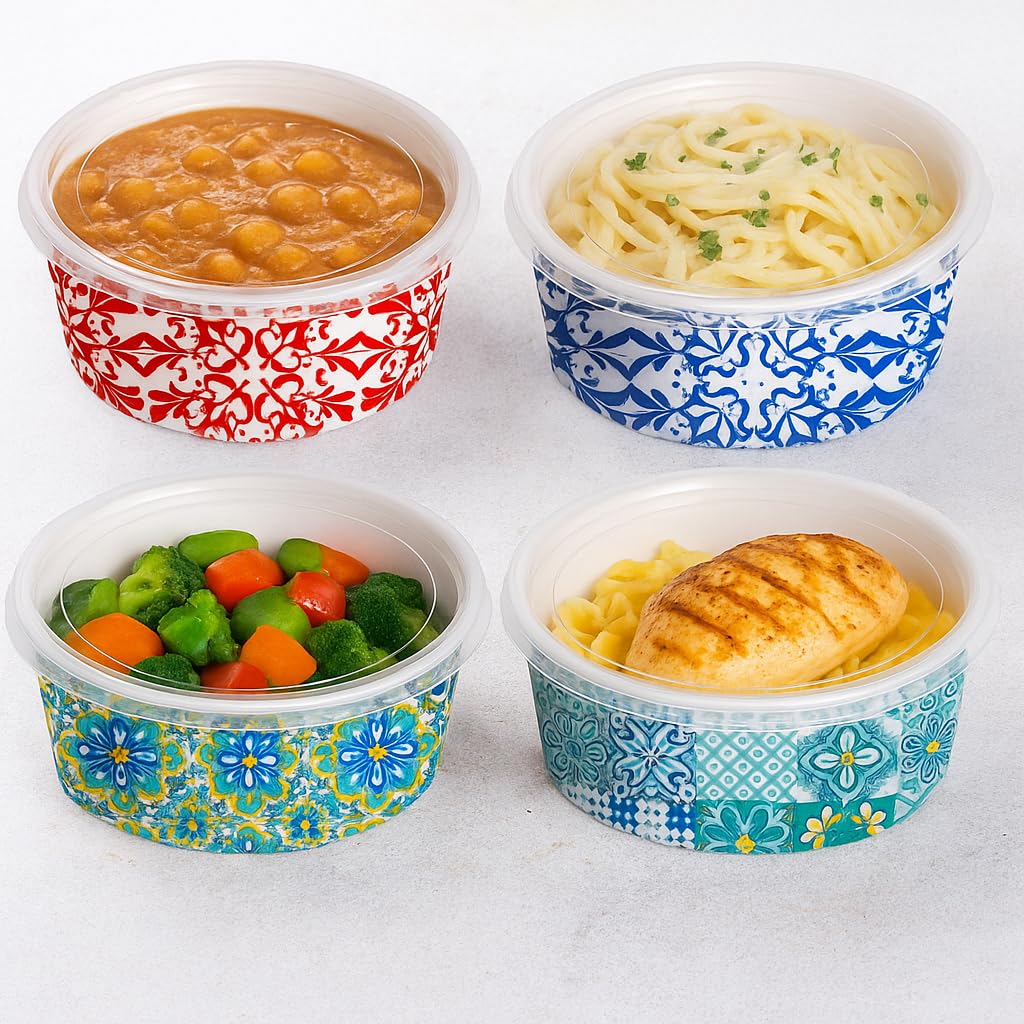 Terryshop74 Ensaladera mayólica 1000 ml con tapas – 25 cuencos de papel decorado + 25 tapas transparentes – Recipientes grandes para poké, ensaladas y platos calientes