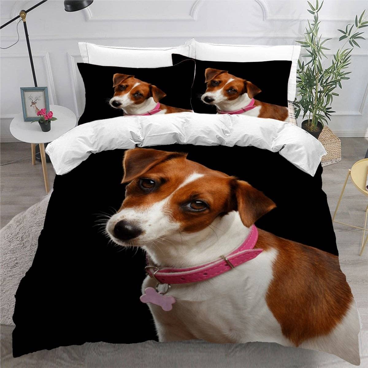 MEVASA Jack Russell Terrier Bedding Double Bed Set Microfiber Teenager Bedding Dog Animal Black 3D Bedding Set for Small Double 3Pcs Anti Allergic Double Duvet Cover Set with Zipper /200x200 cm
