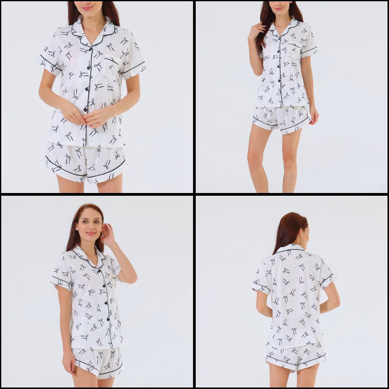 Bow Pajama - Coquette Women's 2-Piece Pajama Set, Bow Graphic Short Sleeve Button-Down Lapel Shirt & Shorts - Image 7
