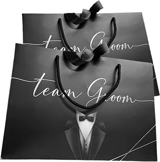 Groomsmen Gift Bags, 14"x10"x4.5" Euro Style, Premium Matte With Handle & Satin Ribbon, Set Of 2. In Silver Foil For Groomsmen Proposal , Bachelor Favors or Team Groom Gifts. (Black & Silver Foil, 2)