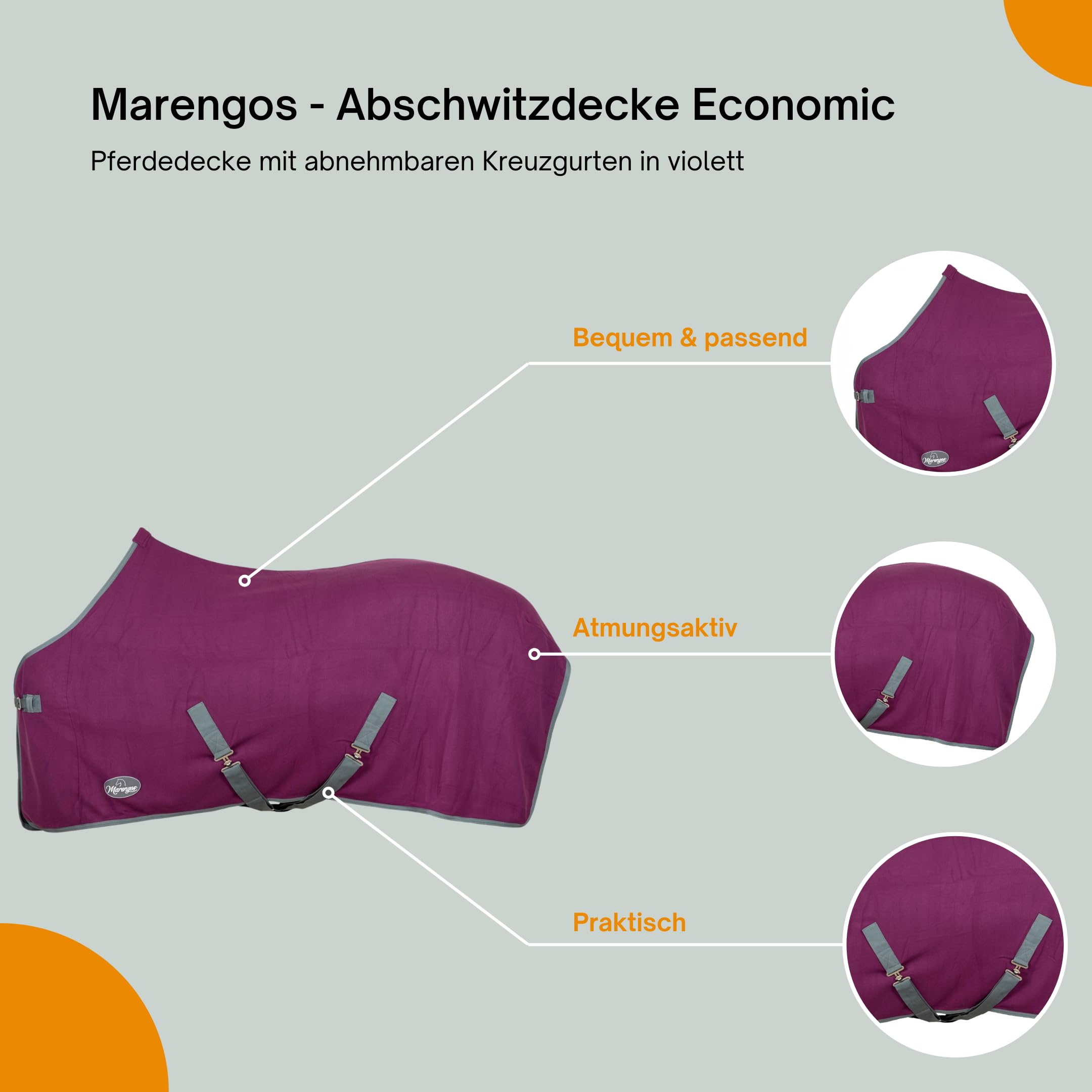 Marengos - Abschwitzdecke Economic mit Kreuzgurten (abnehmbar) | Pferdedecke mit Frontschnalle, Schweifkordel & Widerristpolster | atmungsaktive Fleecedecke | Pferde Zubehör in Violett | 115cm