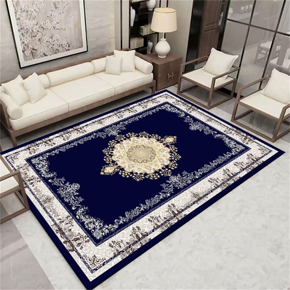 Tapis salon lavable et facile à nettoyer 160x210cm à motif oriental bleu