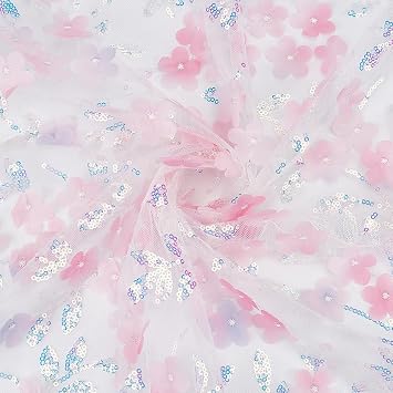 1.42 Yards Pink Mesh Sequin Sheer Fabric by The Yard 3D Flower Lace Tulle Fabric Sequins Glitter Floral Embroidery Cloth for Sewing Making Crafts Clothes Dress Wedding Bridal Costume Decor