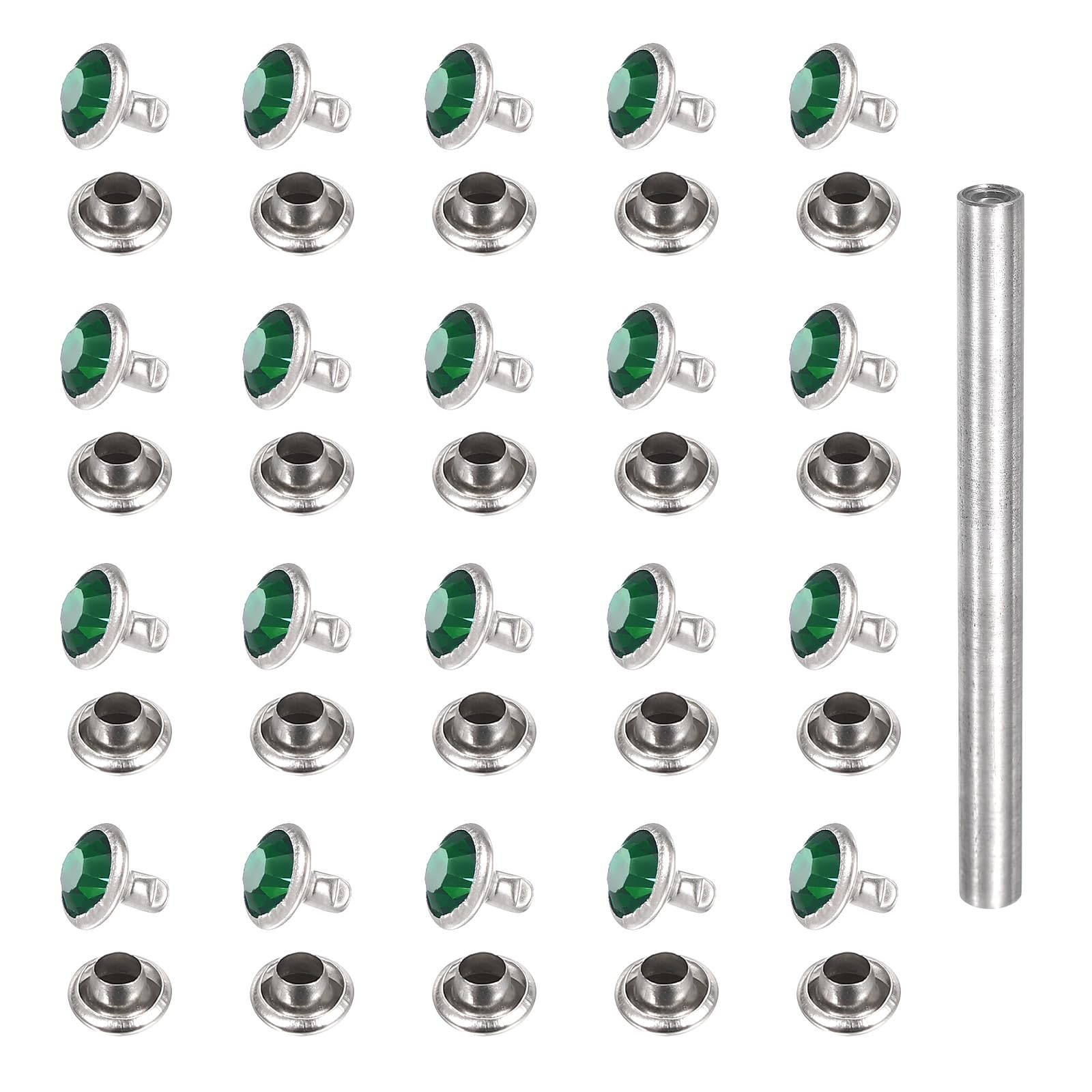sourcing map 80pcs Crystal Rivets 8mm Rhinestone Rapid Stud Rivets Kit Metal Double Cap Spots Studs with Install Tool for Clothing Leather Arts Crafts Decoration DIY Making, Silver Green