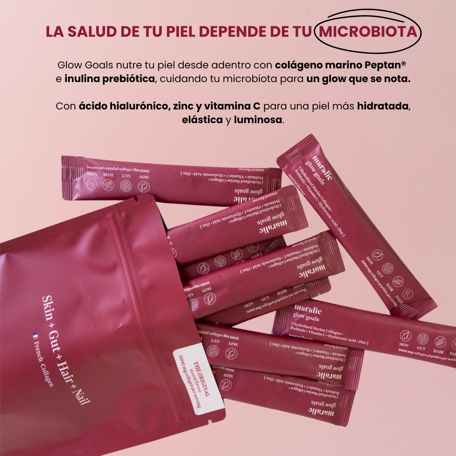 Glow Goals Colágeno Hidrolizado en Sobres [30 unidades] - Colágeno Marino Tipo 1 con Vitamina C, Zinc, Ácido Hialurónico e Inulina - Sabor neutro y de fácil disolución
