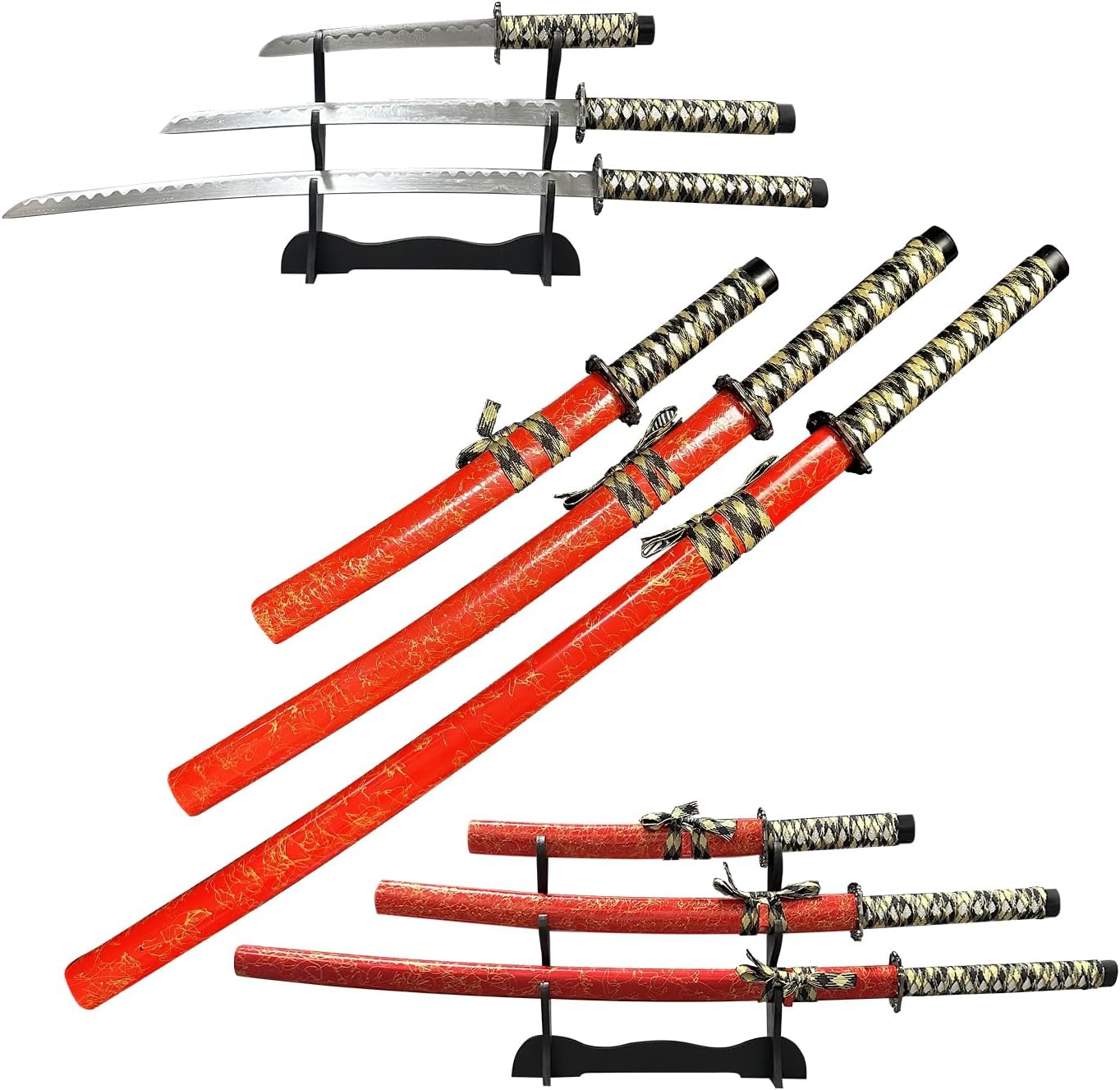 3-Piece Samurai Sword Set with Stand – Red Lacquer Scabbard Katana, Wakizashi & Tanto, 1095 Carbon Steel Blades, Perfect for Display, Cosplay, Martial Arts Practice & Gift Collection