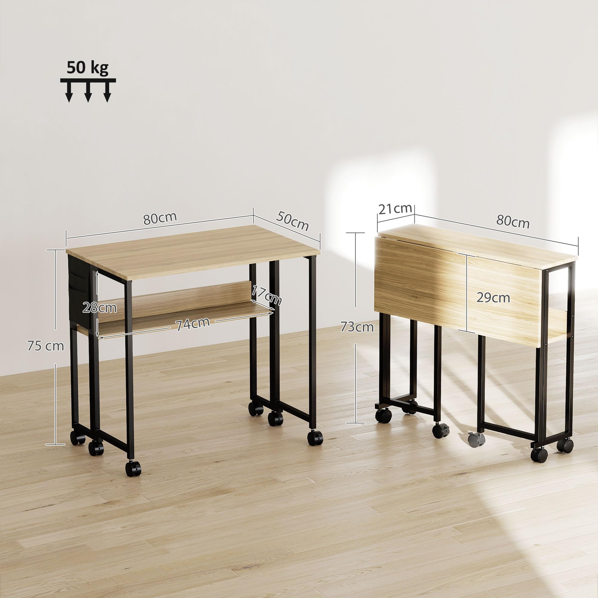 Opvouwbaar Computertafel Bureau op Wielen - 107 x 55 x 76 cm