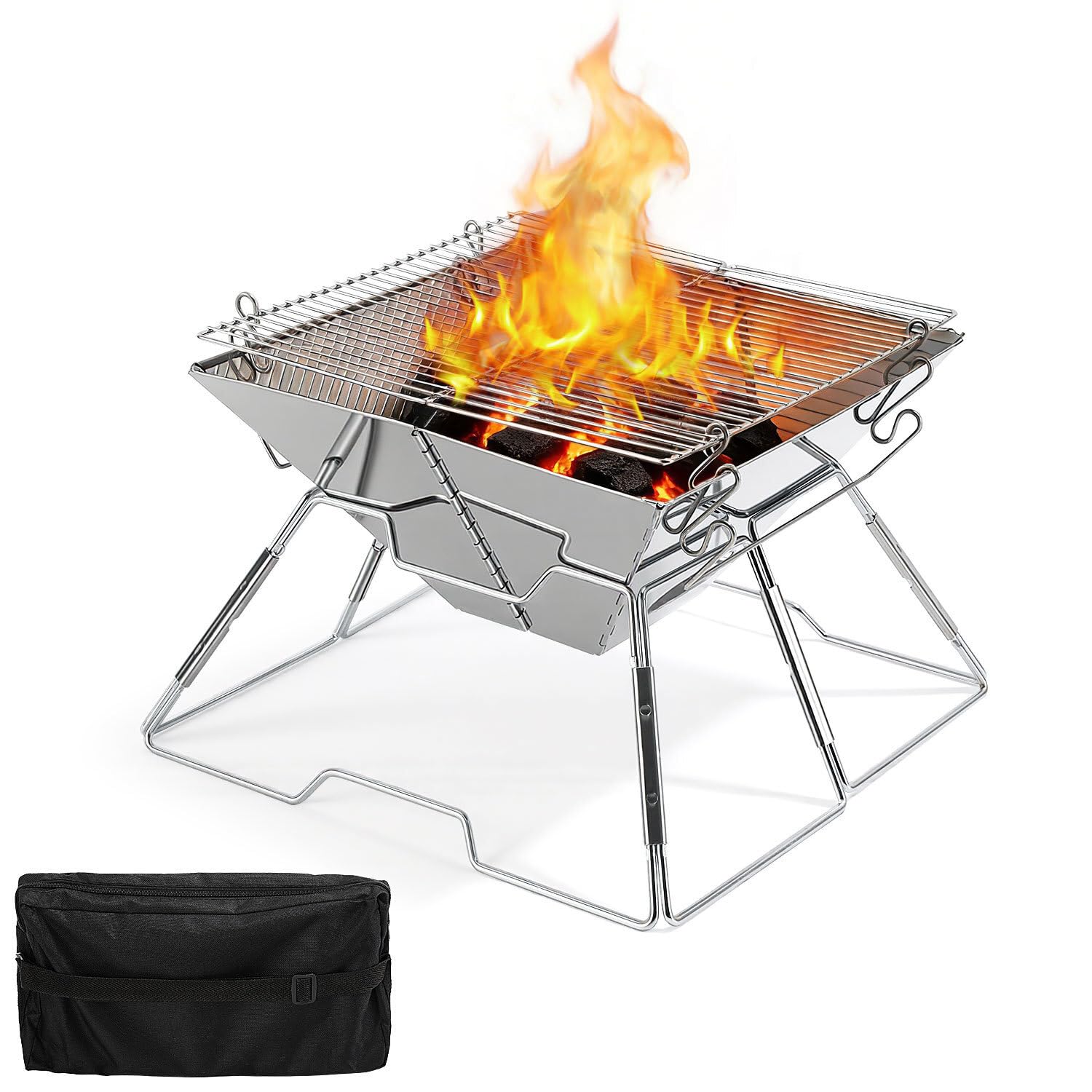 Faltbarer Grill aus 304 Edelstahl, Klappgrill mit Höhenverstellbarem Grillrost, Camping Grill kompakt & schnell aufgebaut, BBQ Grill für Garten, Balkon, Picknick und Outdoor mit Tragetasche