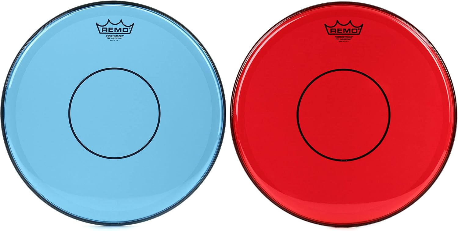 Remo Powerstroke 77 Colortone Blue Snare Head - 14 inch + Remo Powerstroke 77 Colortone Red Snare Drumhead - 14 inch Val